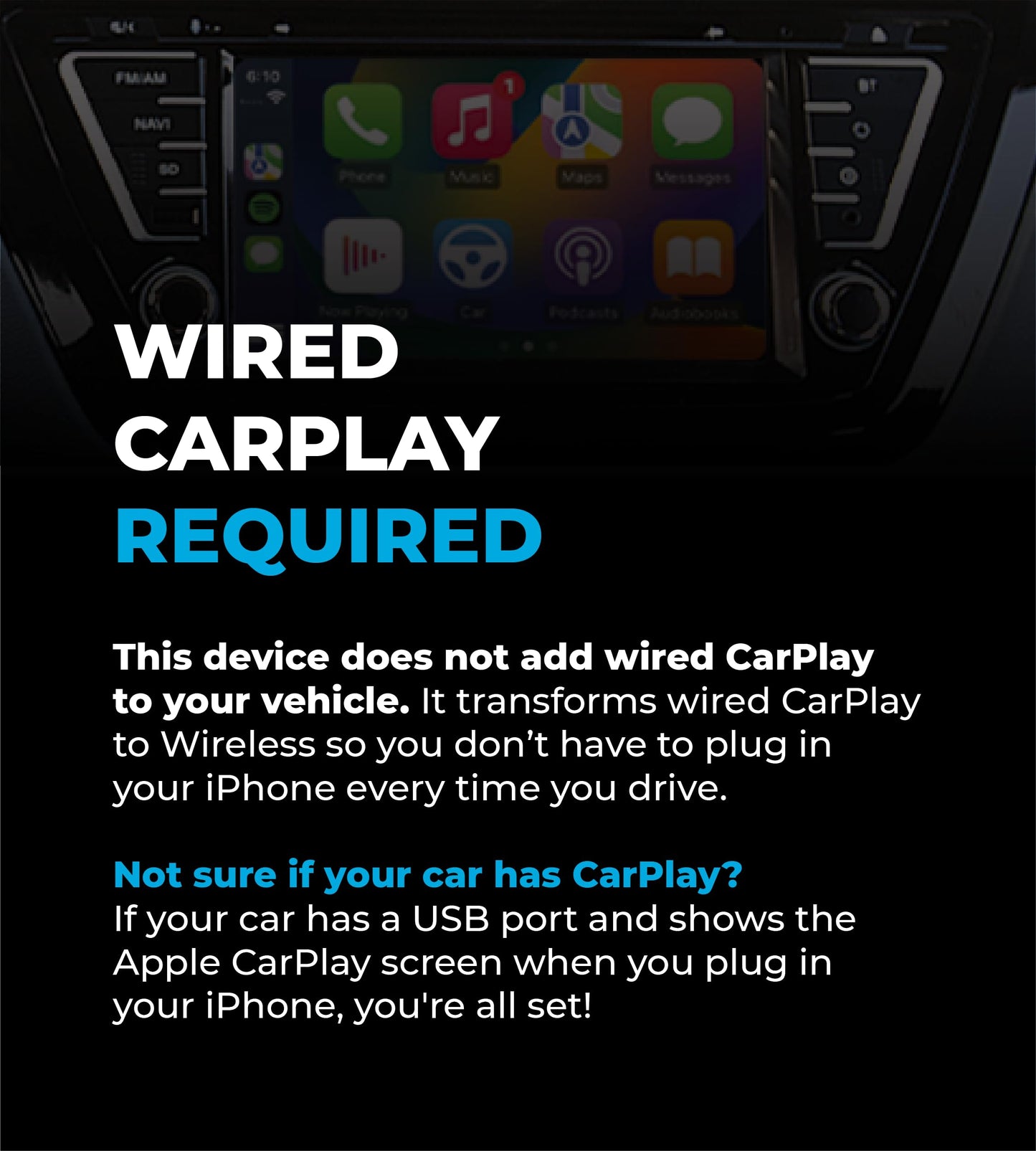 AutoSky Wireless CarPlay Adapter 2023 Pro Edition - Fastest and Most Compact- AutoSky - Factory Wired CarPlay Cars – USB-A and USB-C Cables – Wired CarPlay Required