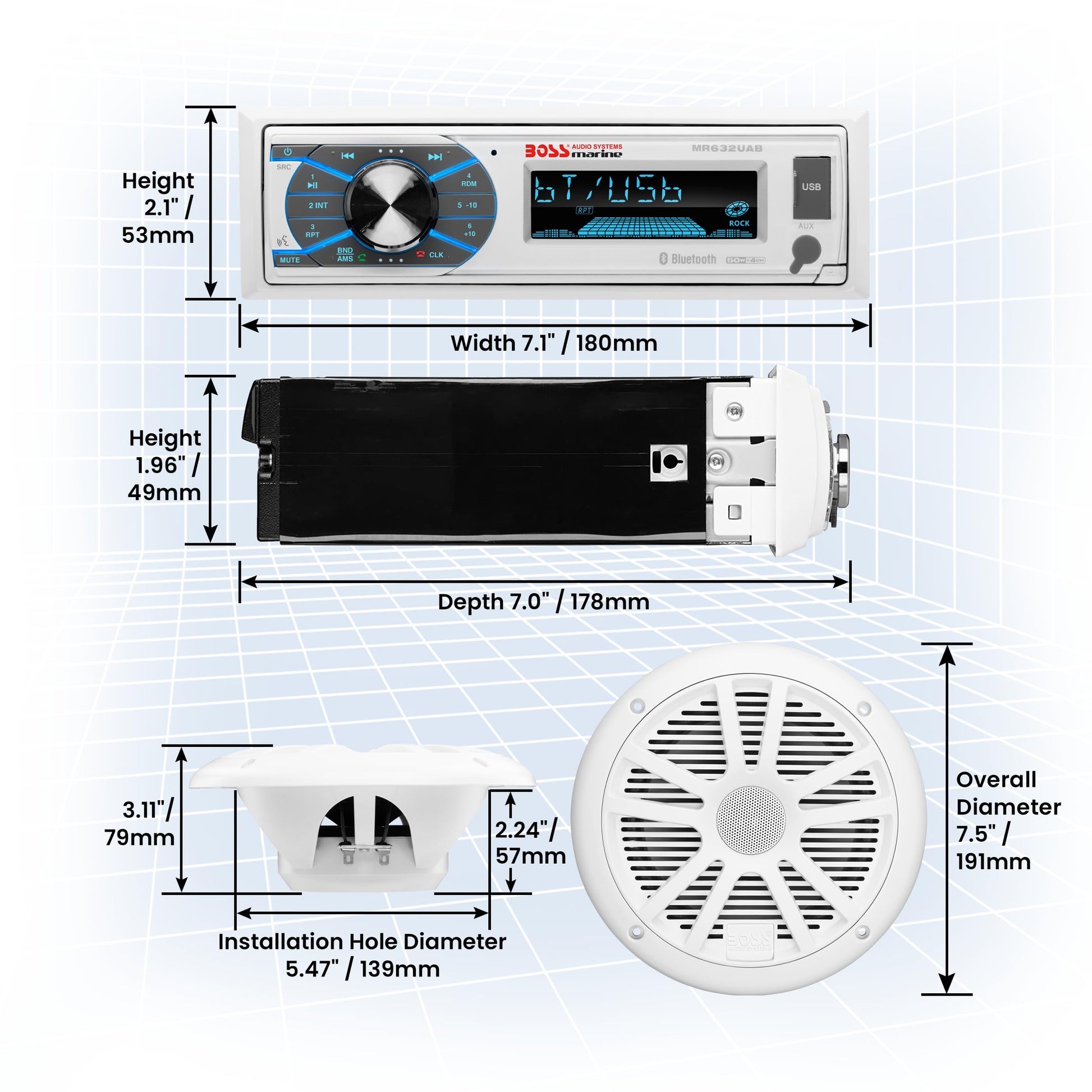 BOSS Audio Systems MCK632WB.6 - Receptor y altavoz marino resistente a la intemperie - Bluetooth Audio, USB, MP3, AM FM, entrada auxiliar, sin reproductor de CD, altavoces de 6,5 pulgadas resistentes a la intemperie, antena dipolo marino
