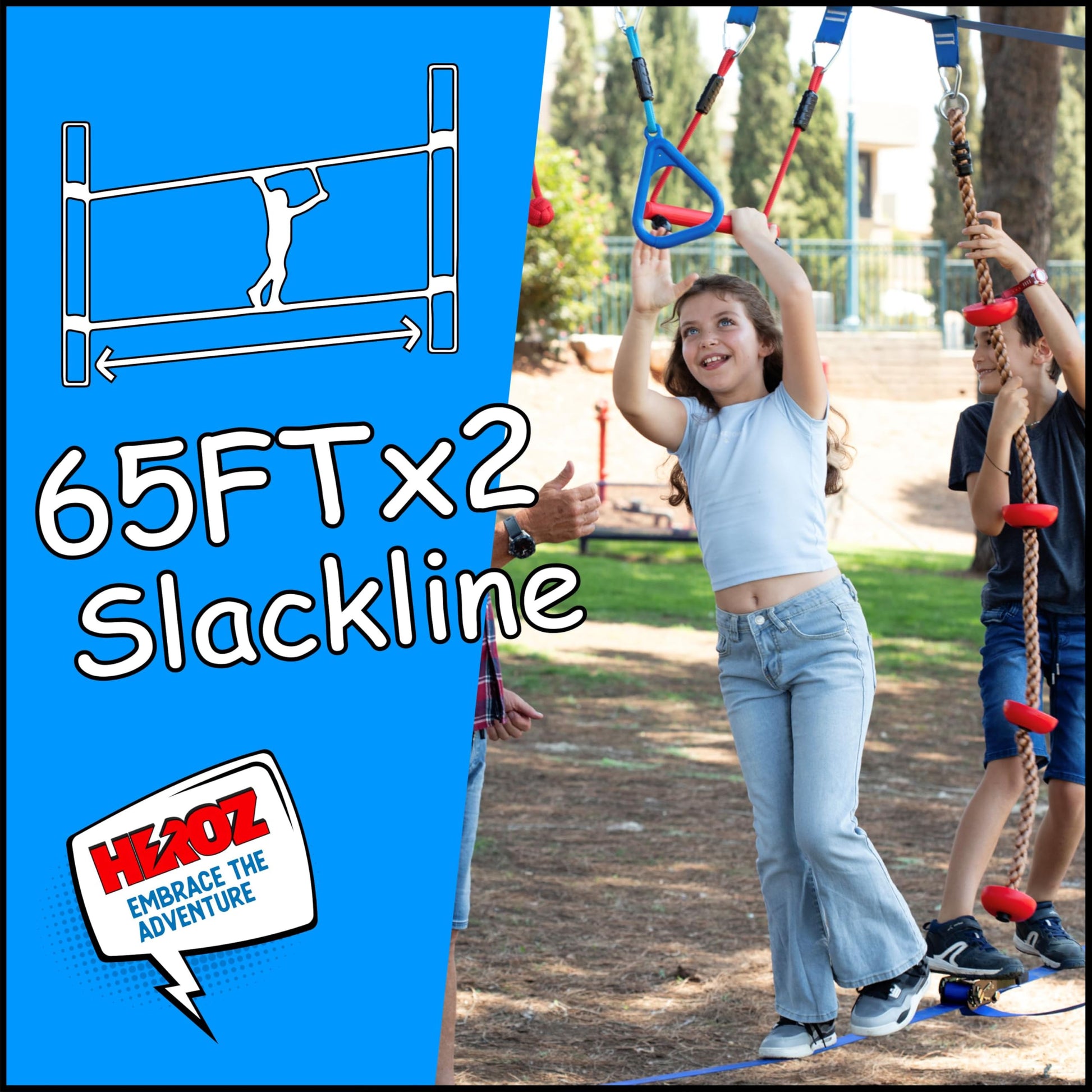 Heroz - Campo de obstáculos para niños - Campo de obstáculos Ninja Warrior para niños Equipo de juego al aire última intervensión de 60 pies, doble holgura, barras de overol, rueda, cuerda de escalada