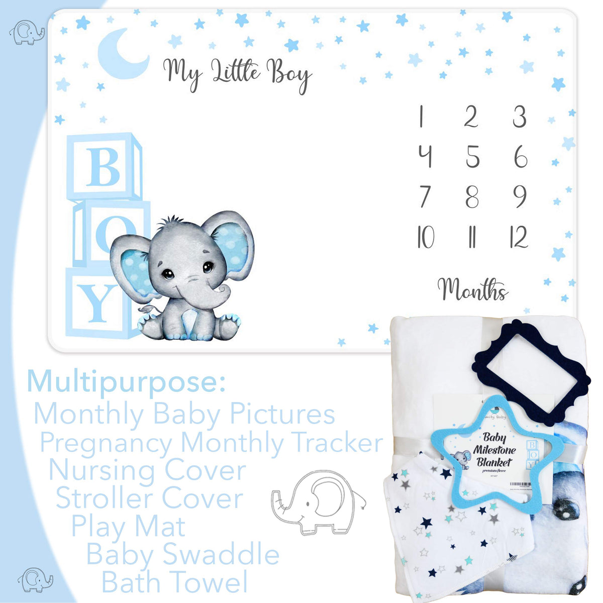 Baby Monthly Milestone Blanket Boy - Premium Extra Soft Fleece Blanket for Baby Shower - Newborn Month Milestone Blanket for Baby Boy Nursery Decor - Capture Baby Growth - with Baby Bib + 2 Frames