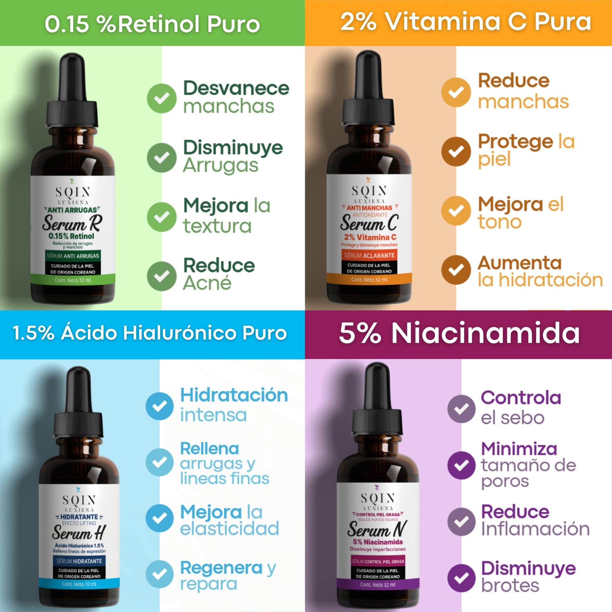 Sqin Luxiena Kit de Cuidado Facial Coreano con 5 Serums + Oil Roller: Vitamina C, Retinol, Ácido Hialurónico, Niacinamida y Baba de Caracol. Hidratación Profunda, Antiarrugas, Antimanchas, Mejora la textura y Luminosidad. Skincare Coreano