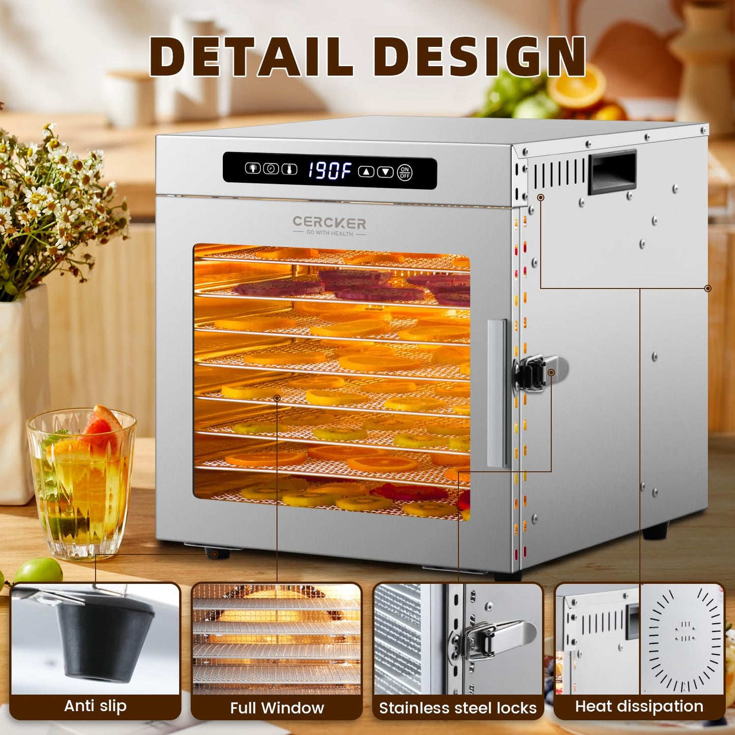 Máquina deshidratadora de alimentos, 9 bandejas de acero inoxidable, deshidratador de frutas de 1000 W, secador de carne de 7.7 pies cuadrados para ceca, control de temperatura de 190 ºF, máquina
