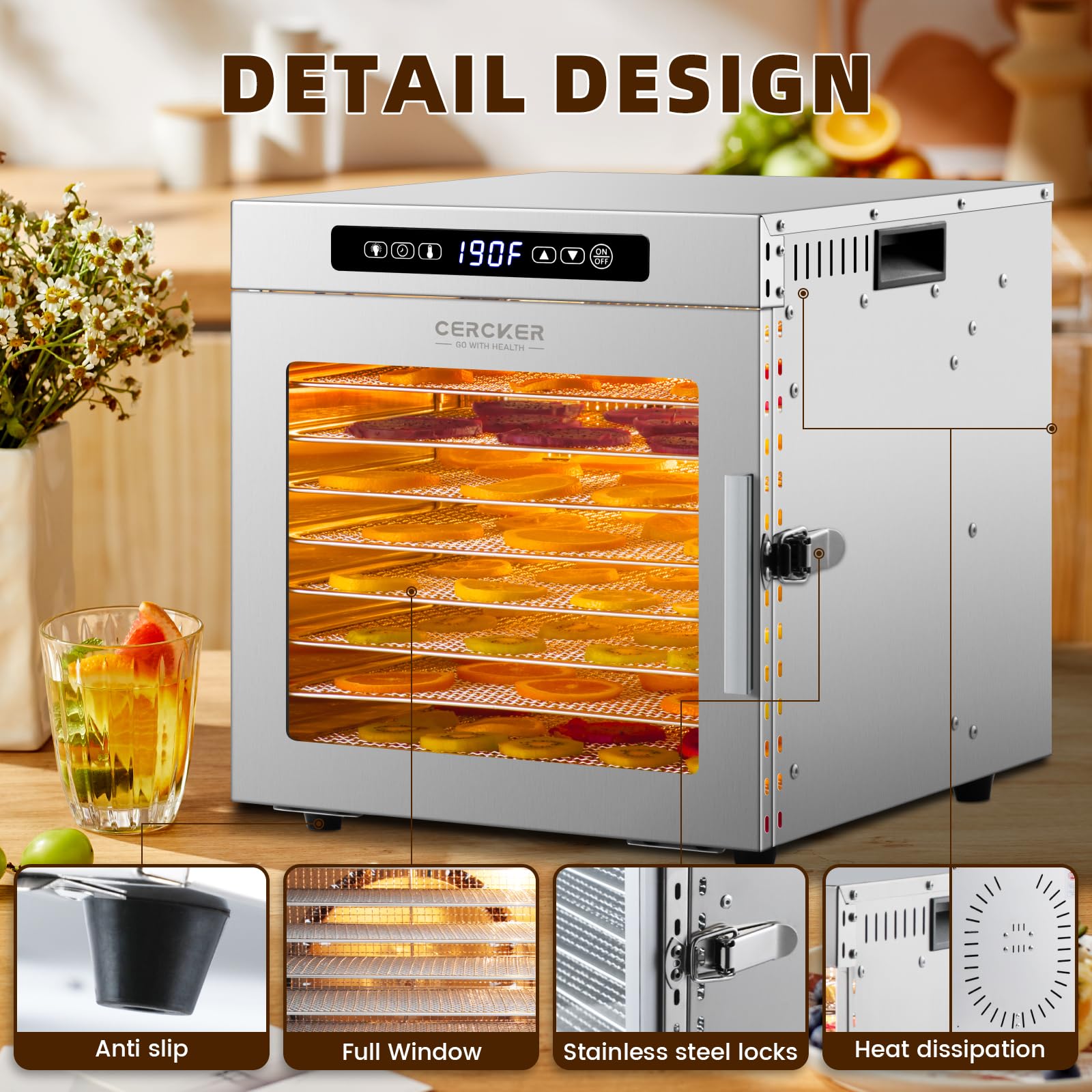 Máquina deshidratadora de alimentos, 9 bandejas de acero inoxidable, deshidratador de frutas de 1000 W, secador de carne de 7.7 pies cuadrados para ceca, control de temperatura de 190 ºF, máquina