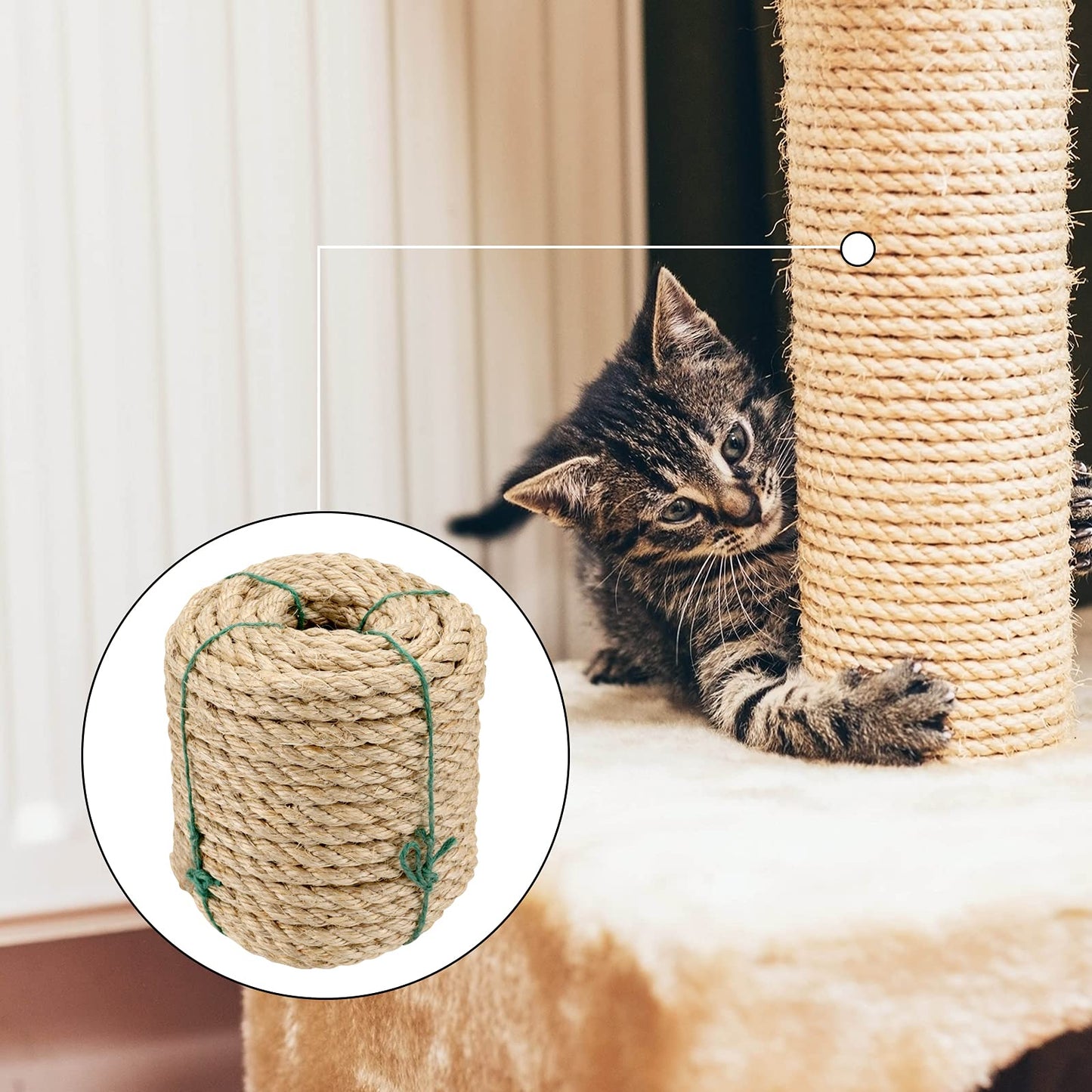 MAAIGU Cuerda de sisal de 1/2 pulgada, cuerda de sisal trenzado de 100 pies para reparación, recuperación de poste rascador de gato, agrupamiento, decoración, colgar en la pared, amarre