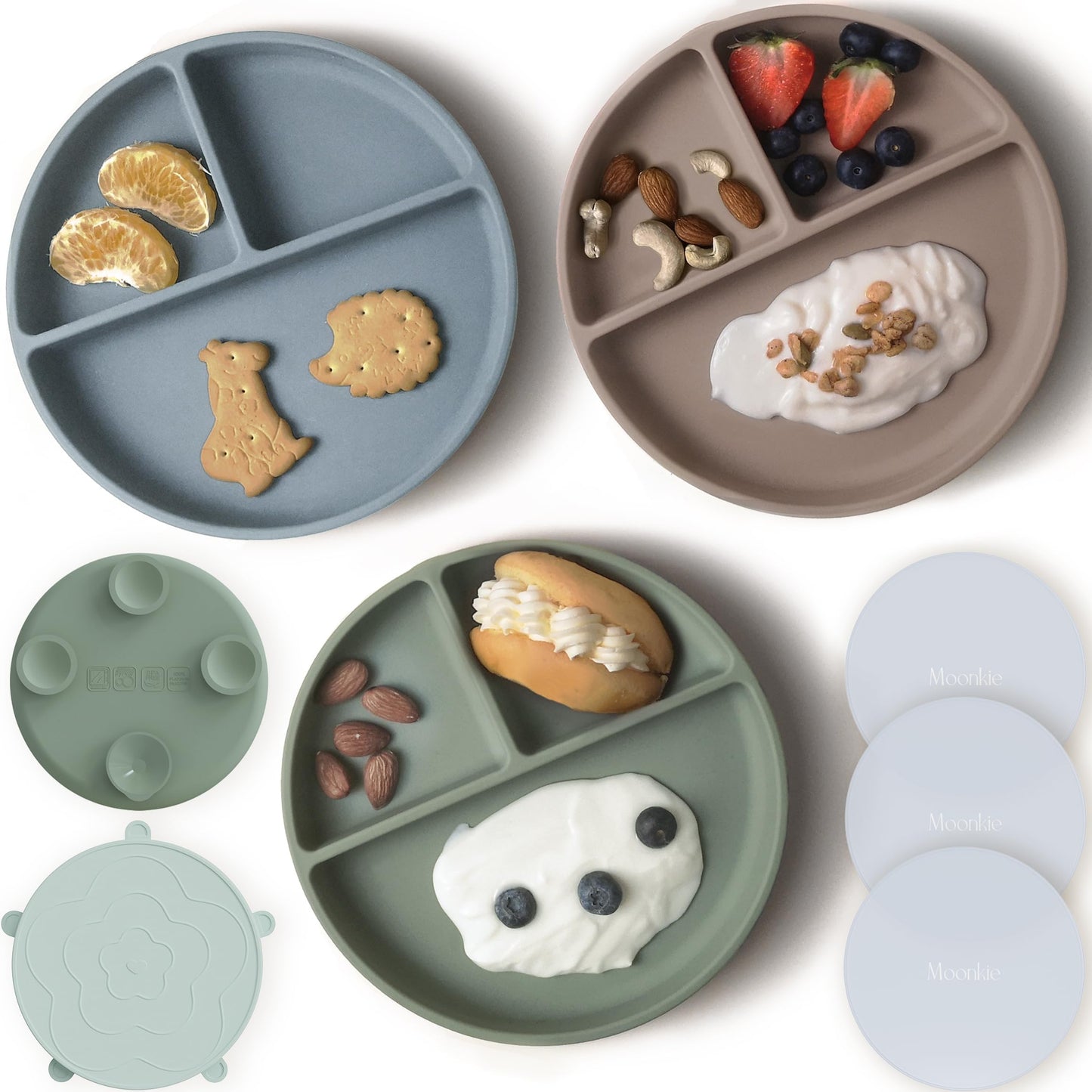 Placas de Succión Moonkie gris pardo/éter/salvia 100 % Silicona sin BPA para Bebé