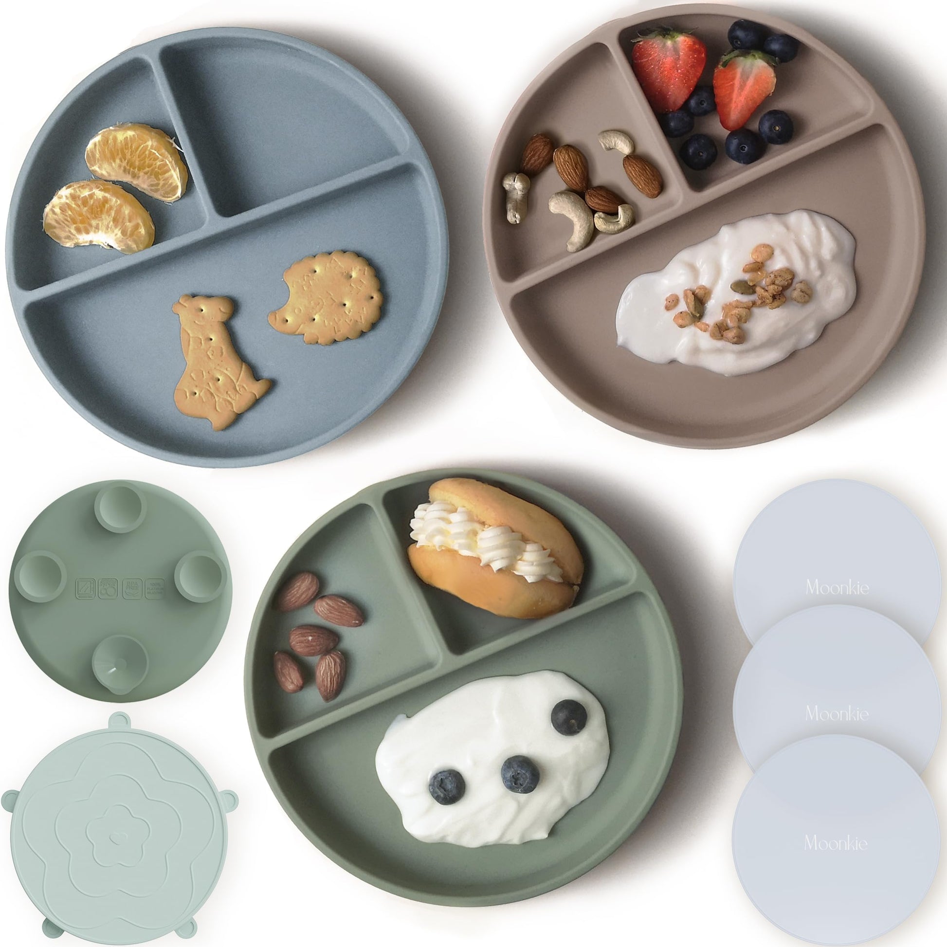 Placas de Succión Moonkie gris pardo/éter/salvia 100 % Silicona sin BPA para Bebé