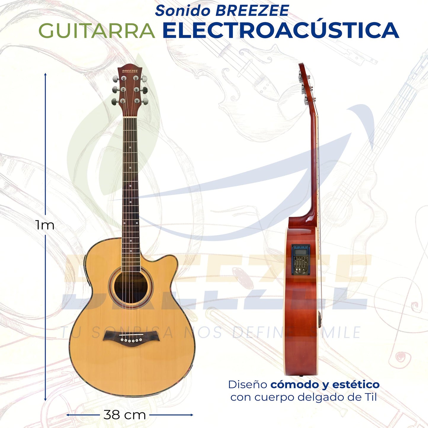 BREEZEE Guitarra Electroacústica de 40” Diseñada sobre Abeto, Merbau, Okume y Palisandro. Acabado de Barniz en Pulverización, Incluye Set de Accesorios Completo para Principiante