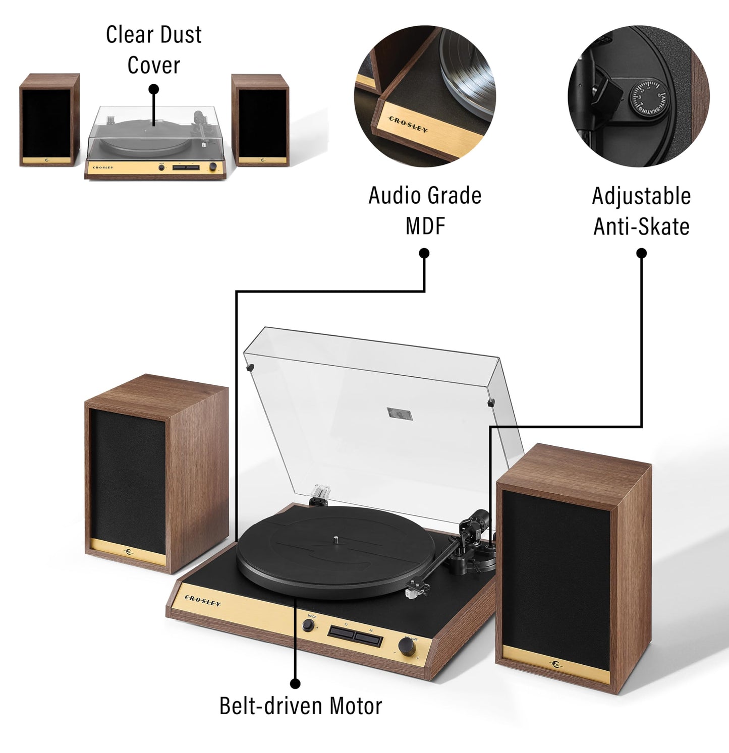 Crosley C72 - Tocadiscos Bluetooth con accionamiento por Correa de 2 velocidades con Altavoces de 80 W, Nogal