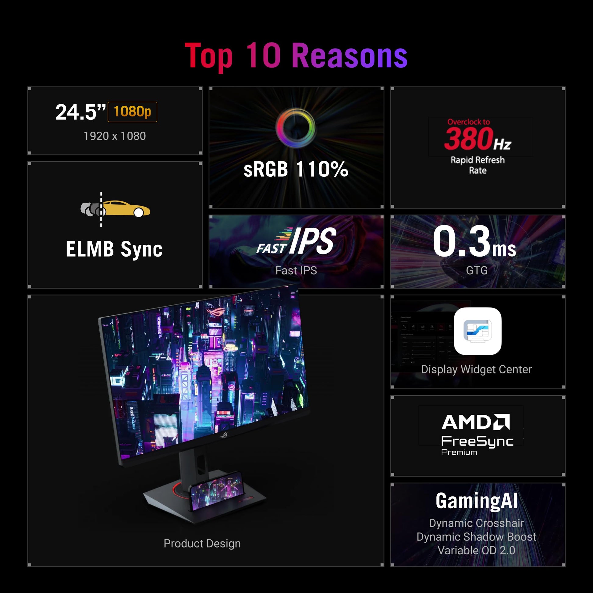 ASUS ROG Strix - Monitor para juegos de deportes electrónicos de 25 pulgadas (24.5 pulgadas visible) (XG259QNS) - Full HD, 380Hz, 0.3ms, IPS rápido, sincronización de desenfoque de movimiento bajo