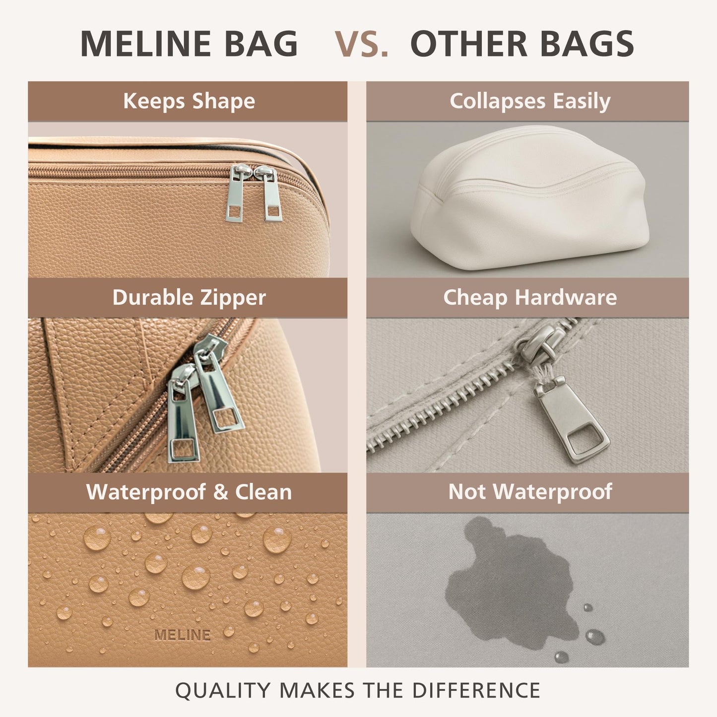 MELINE - Bolsa de maquillaje de viaje - Organizador de cosméticos y artículos de cambiador de gran capacidad con divisor y asa, diseño plano impermeable, bolsa portátil para mujer, gris topo, Bolsa de