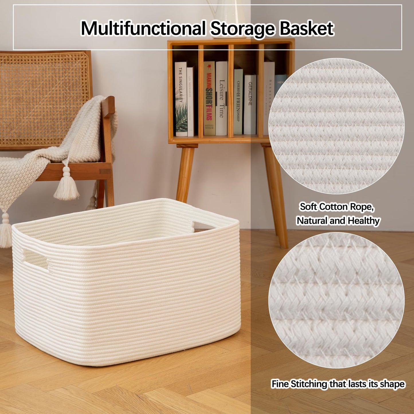 OIAHOMY - Cesta rectangular grande de 96 L, cesta tejida de algodón para almacenamiento, cesta de ropa sucia para sala de estar, guardería, recámara, organización de juguetes con asa, 24 x 16 x 15