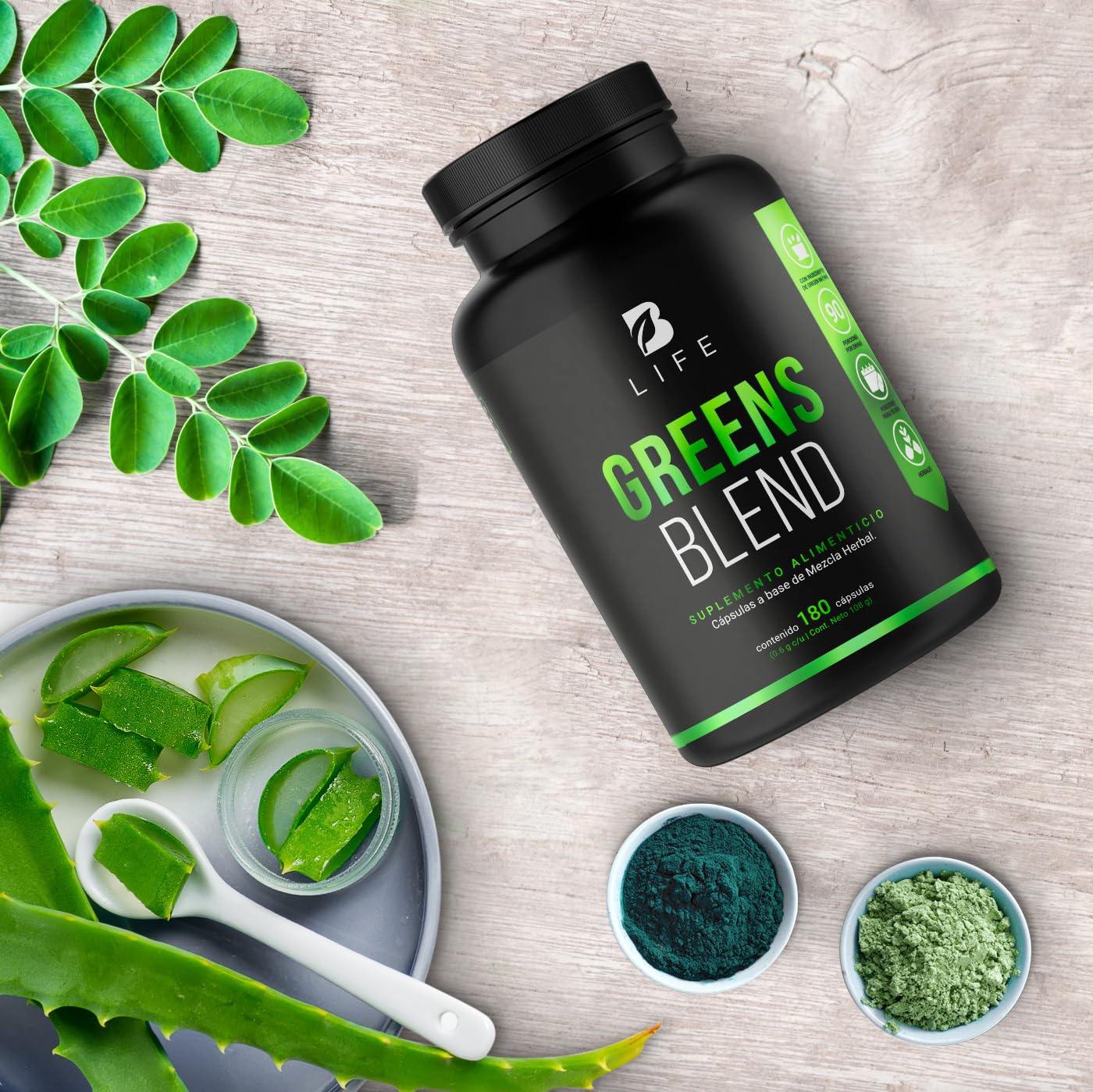 Greens Blend 180 Cápsulas. Ingredientes naturales: Espirulina, Moringa, Weathgrass Clorela, Matcha y Aloe Vera Mezcla Herbal. Greens Blend B Life.