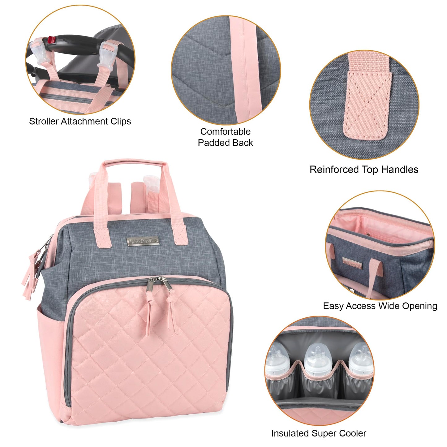 Baby Essentials - Mochila de pañales con marco principal súper enfriadora con cambiador, correas para carriola, compartimento aislado para botellas, Rosado/Gris, Mediano, Mochila para pañales