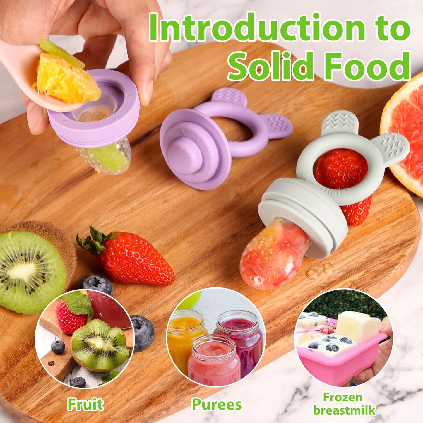 BESSENTIALS Comedero de frutas frescas Bessentials para bebés - Paquete de 2 comederos de malla de silicona para una alimentación segura | Incluye bolsitas de 3 tamaños | Apto para bebés de 4 meses o