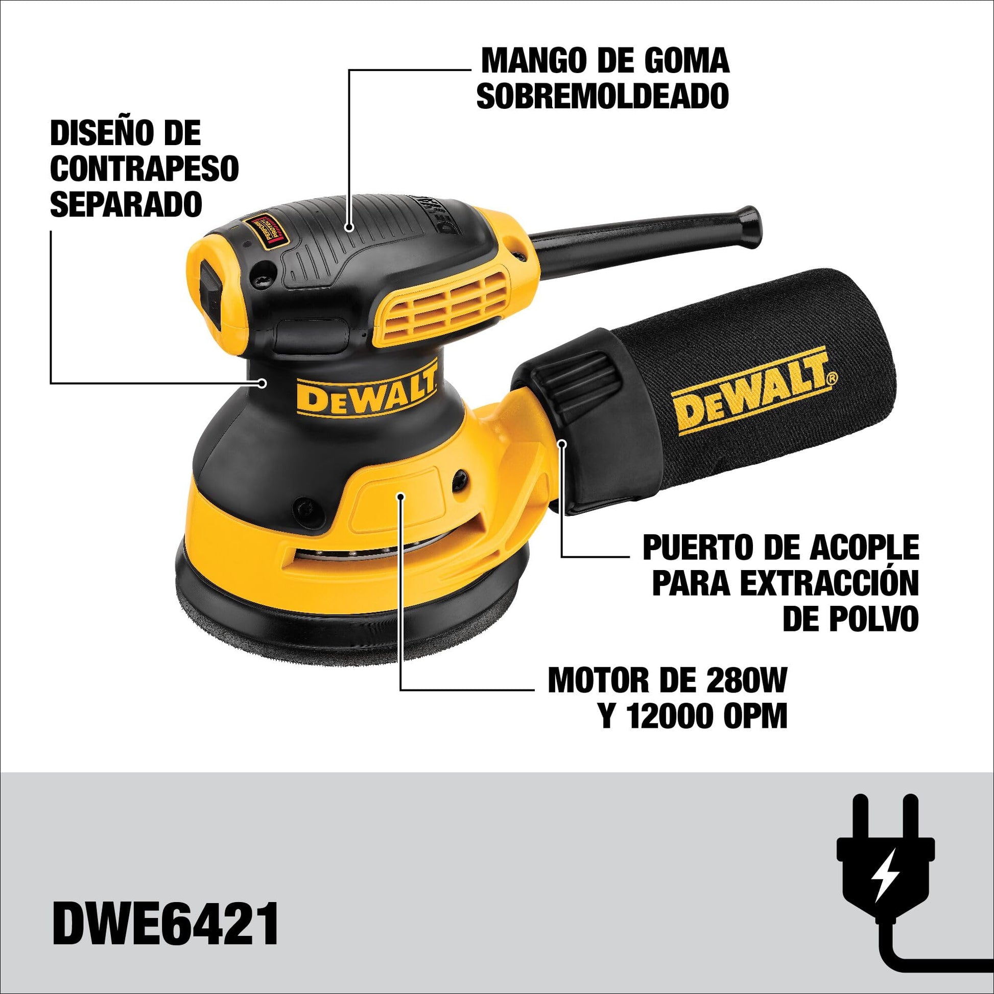 DEWALT Lijadora Orbital 5" (127mm), 280W, DWE6421