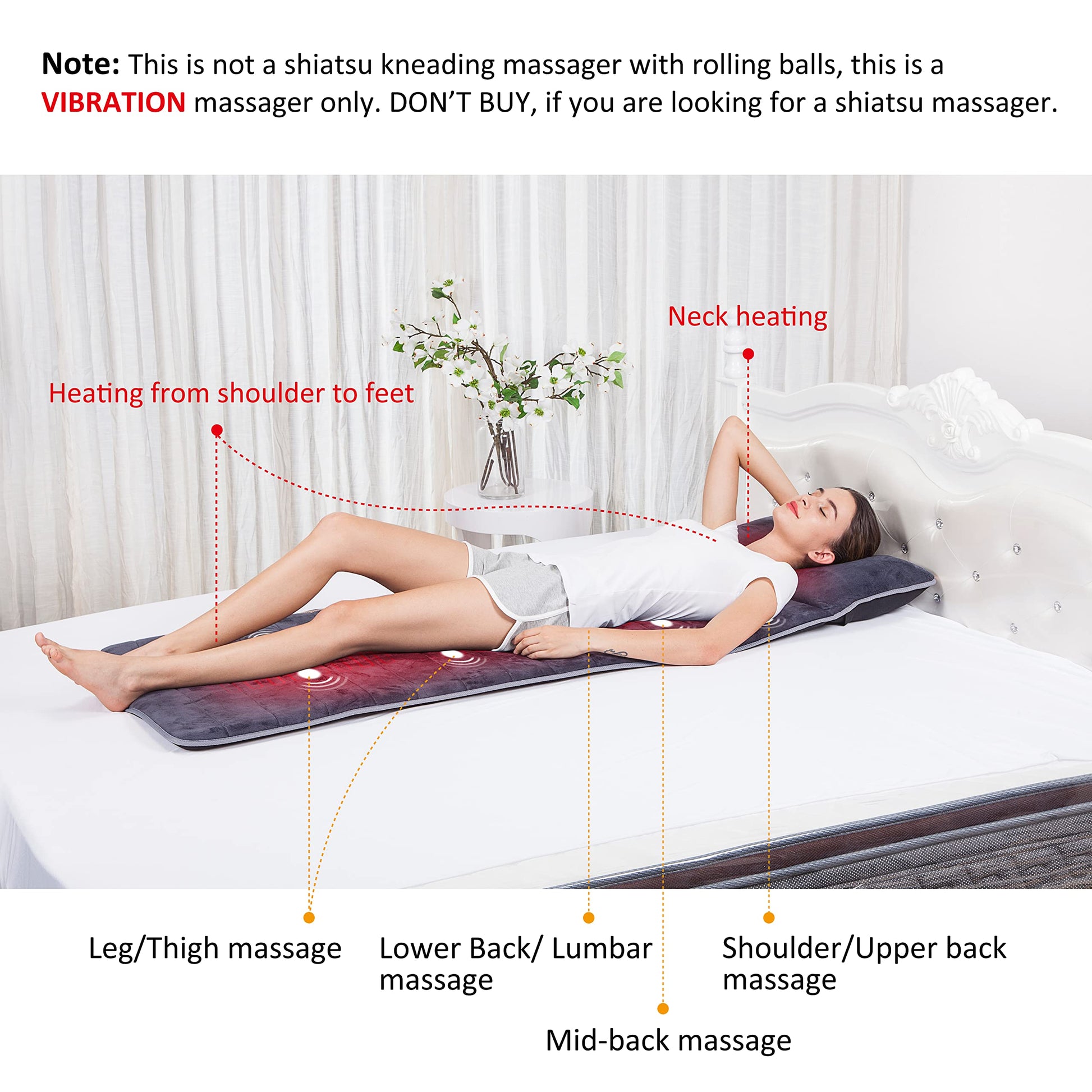 Snailax - Alfombrilla de masaje de cuerpo completo de espuma viscoelástica con calor, masajeador de espalda con 10 motores de vibración, 6 almohadillas para orejas de calefacción, almohadilla de silla