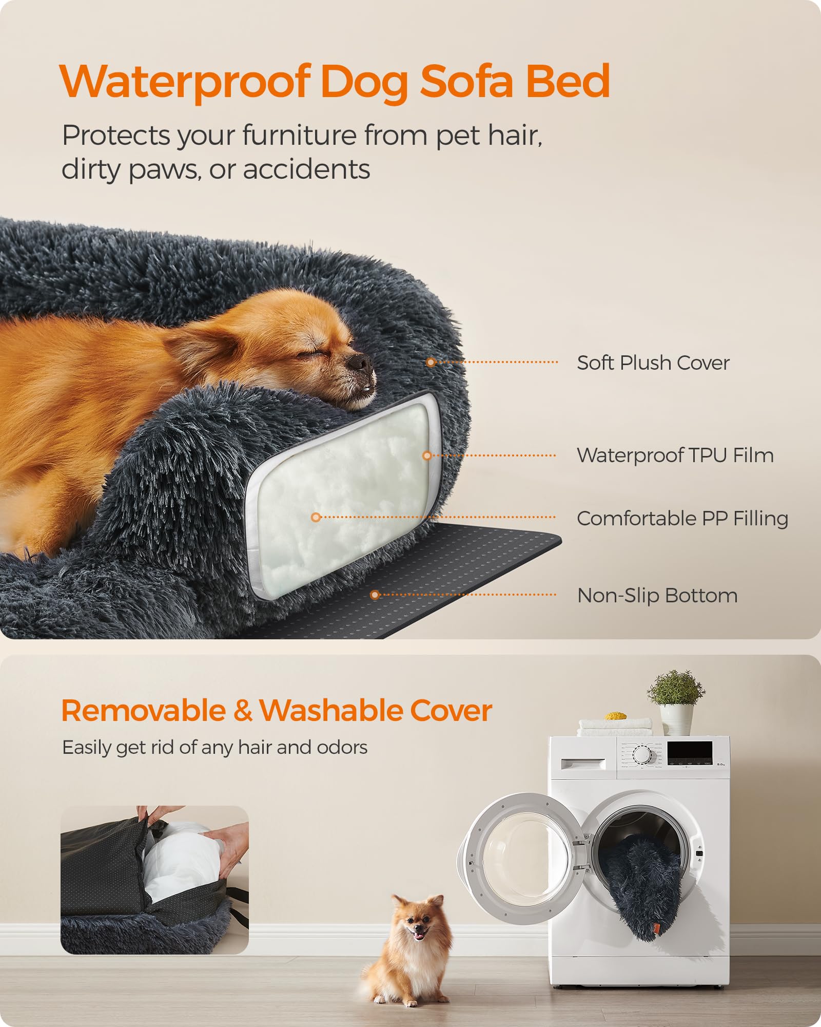Feandrea Cama para Perros, Funda Protectora para Sofá, 80 x 75 x 16 cm, Tela de Felpa, M, para Perros Pequeños y Medianos,Gris Oscuro MPGW221G02