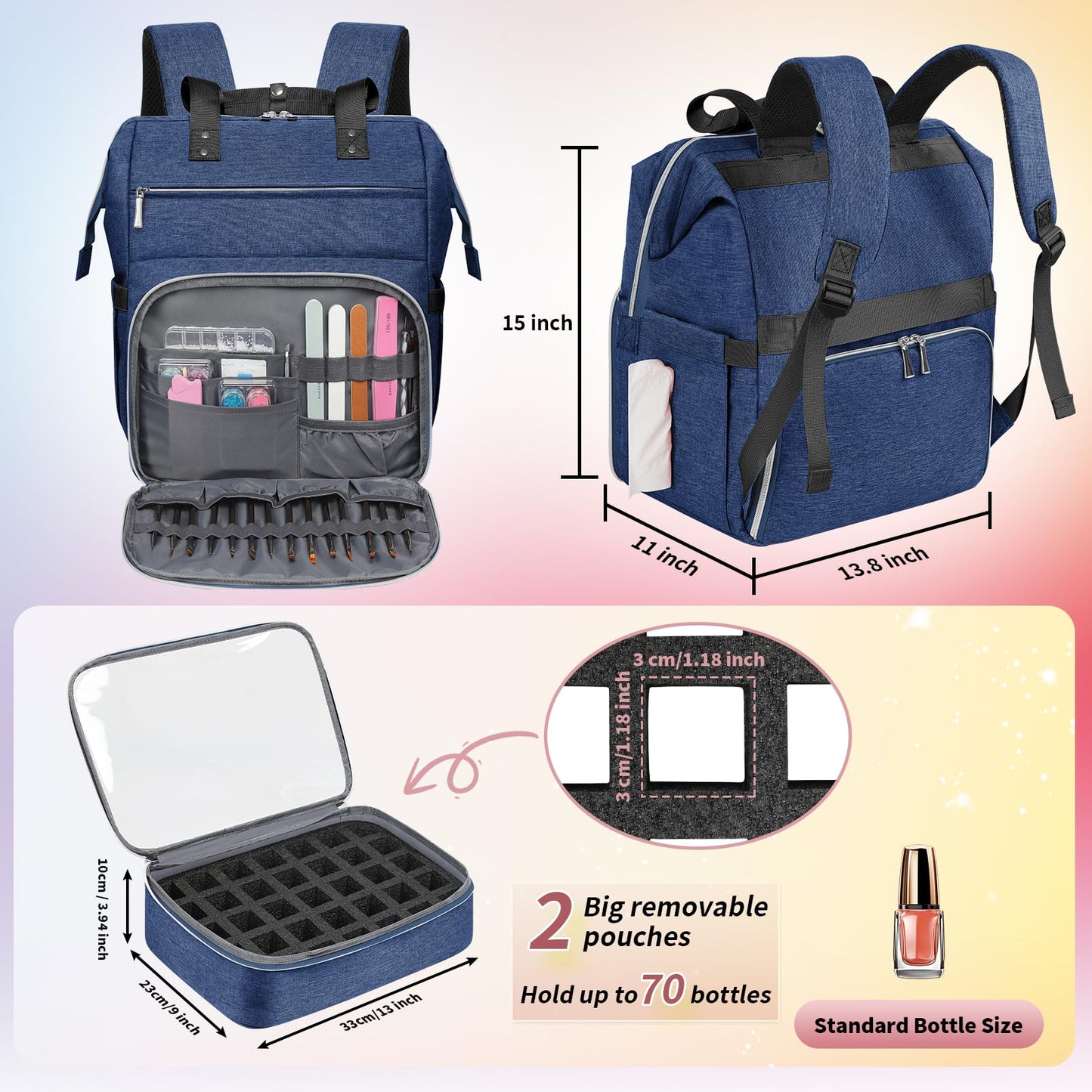 LTINVECK - Funda organizadora de esmalte de uñas con capacidad para 70 botellas (15 ml/0.5 fl.oz), Azul, 15 x 13.8 x 11 inches, Viajes