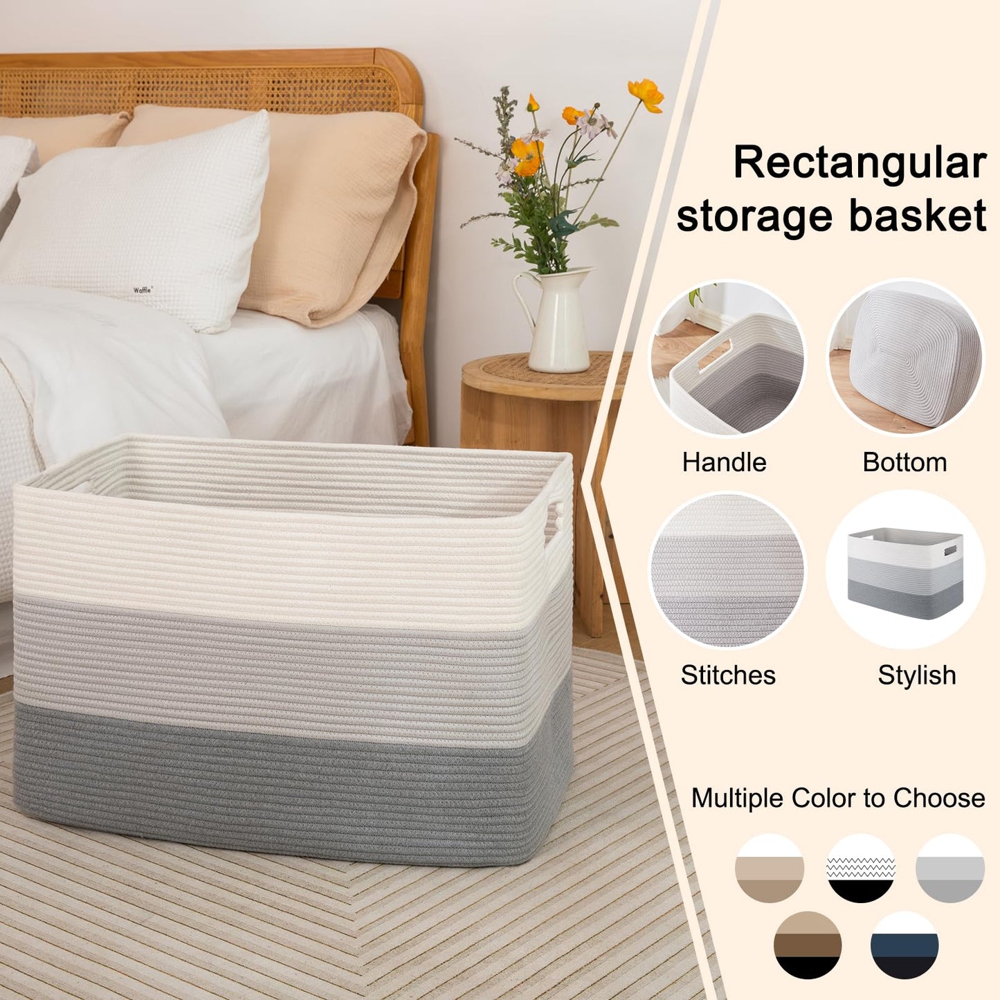 OIAHOMY - Cesta grande de cuerda de algodón de 108 L, cestas tejidas rectangulares para almacenamiento, almacenamiento de mantas para cuarto de bebé y sala de estar, cesta de juguetes con asa - 63,5