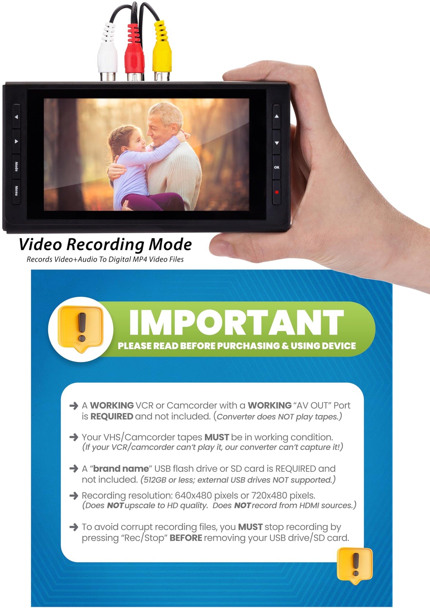 ClearClick - Convertidor de video a digital 3.0 (tercera generación) - Grabar video y audio de VCR, VHS, AV, RCA, Hi8, videocámara, DVD, tocadiscos, cintas de casete [requiere grabadora de videocámara