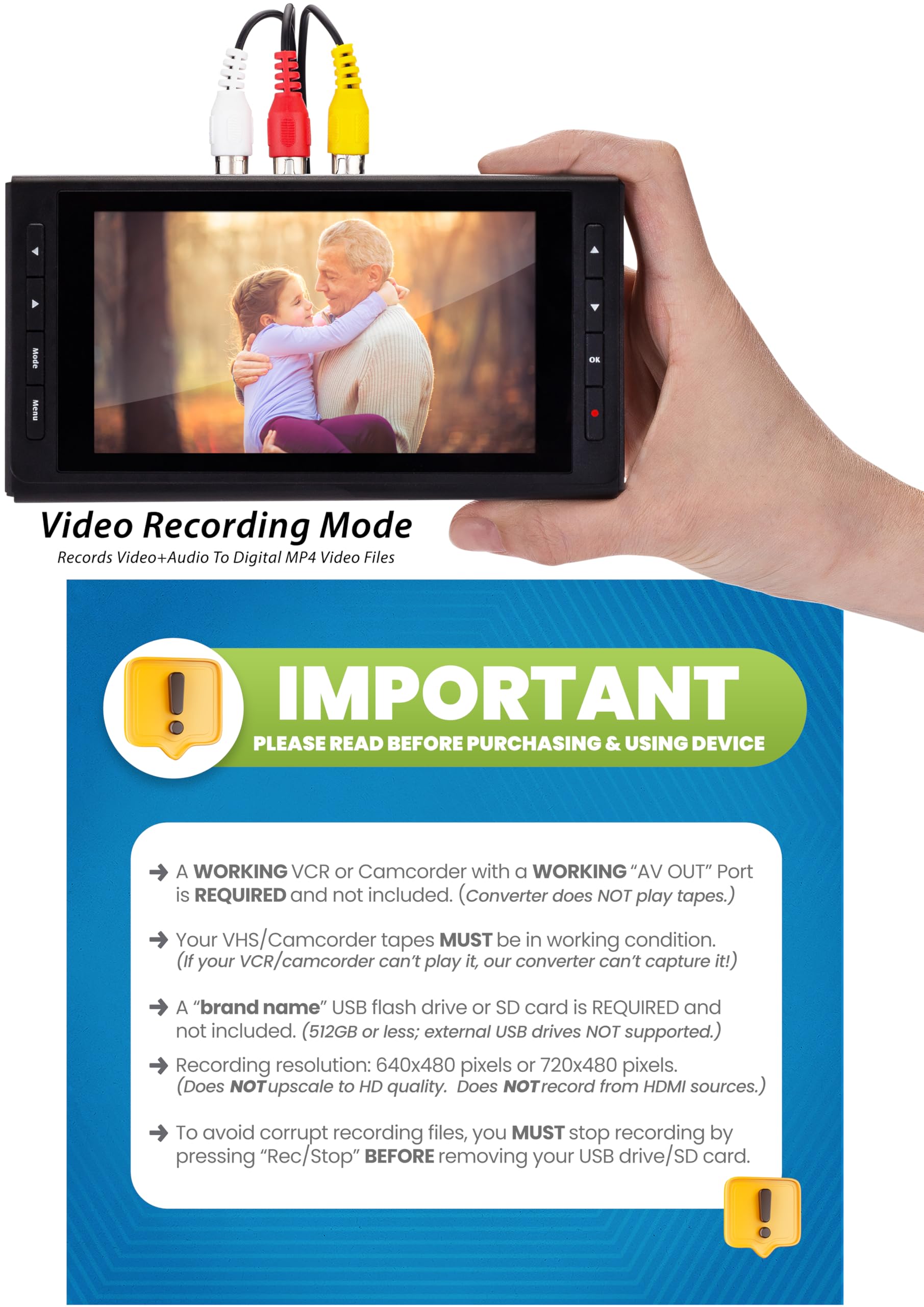 ClearClick - Convertidor de video a digital 3.0 (tercera generación) - Grabar video y audio de VCR, VHS, AV, RCA, Hi8, videocámara, DVD, tocadiscos, cintas de casete [requiere grabadora de videocámara