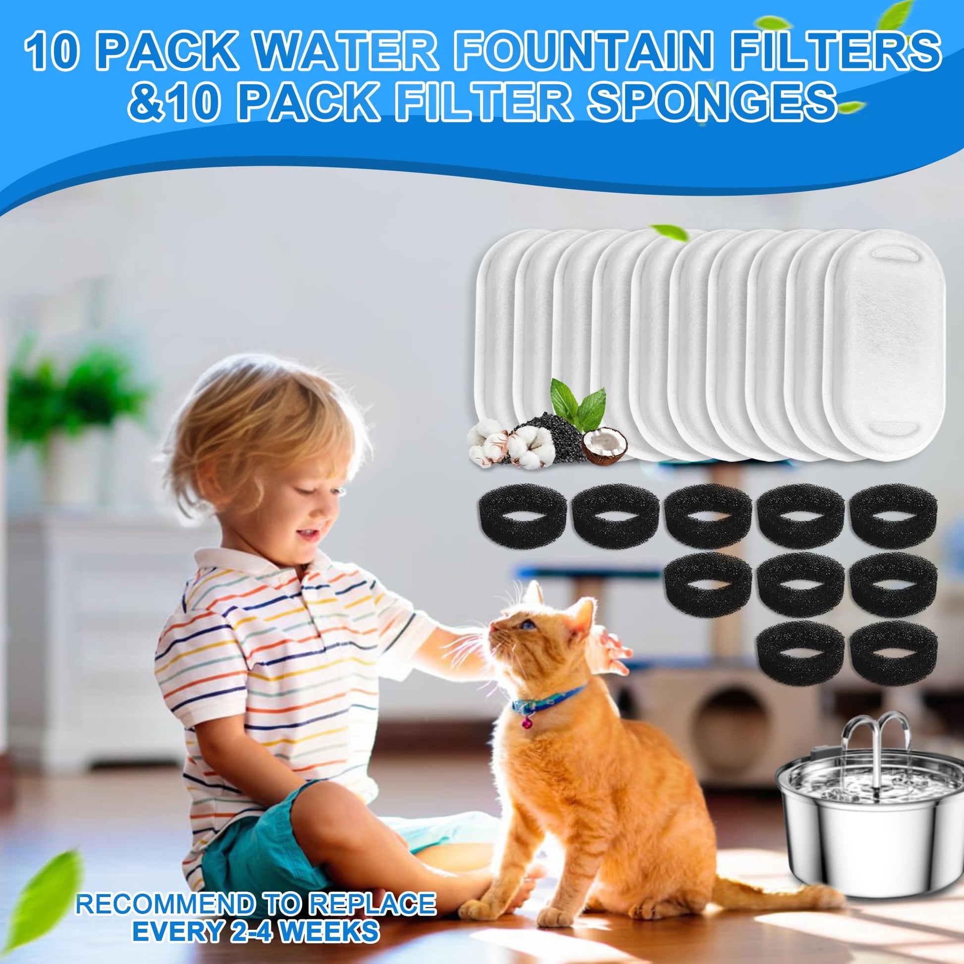 Filtros de fuente de agua para gatos, paquete de 20 filtros de repuesto para fuente de agua de acero inoxidable de 110 oz/3.2 L y 64 oz/2L ajustable para fuente de agua para mascotas, filtros de