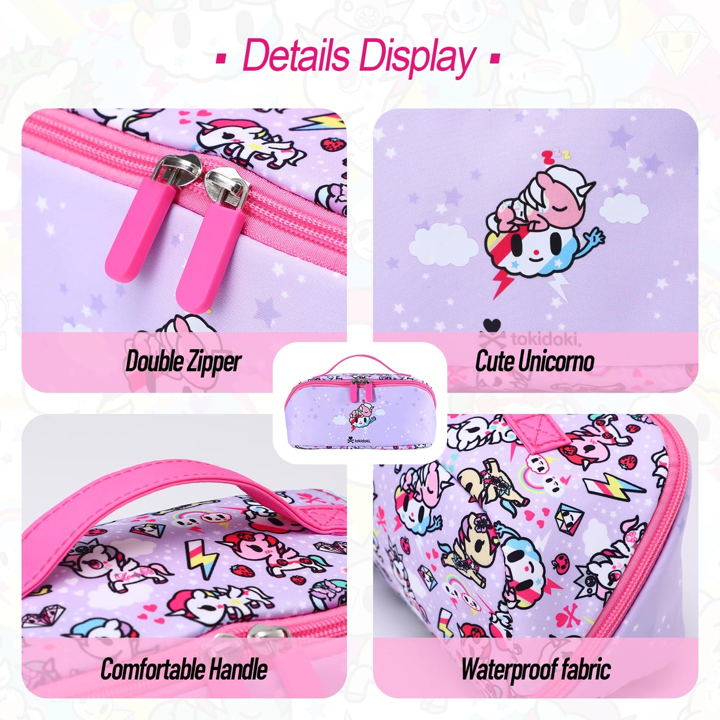 Tokidoki Unicorno - Bolsa de maquillaje de viaje para mujer, bolsa de cosméticos compacta y portátil, con divisor y asa, Rosa, Moda