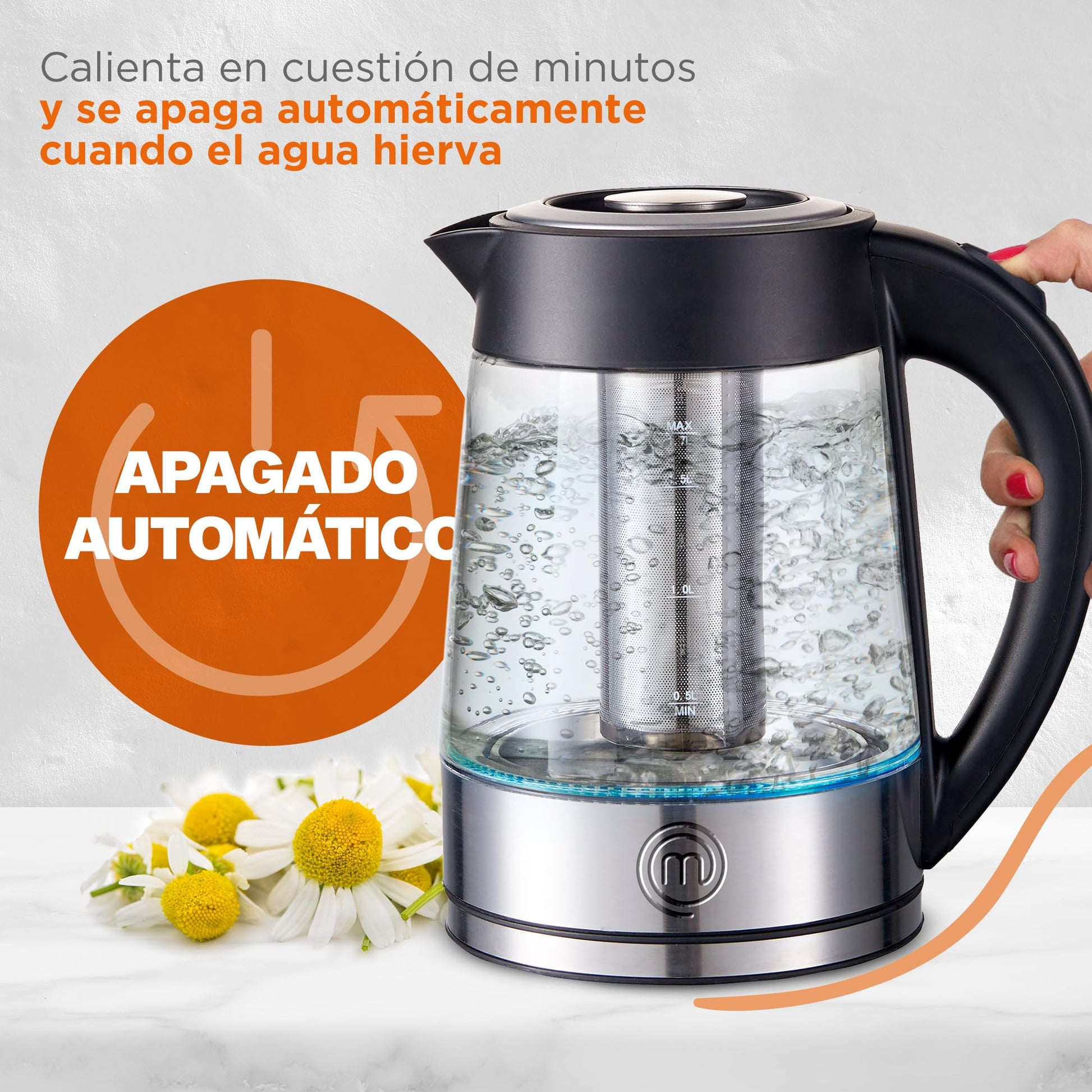 Hukën x Masterchef | Tetera eléctrica Fuse+ | Hervidor eléctrico | Tetera de vidrio | Infusor Removible | Tetera de acero inoxidable Base Giratoria | 1.7 litros