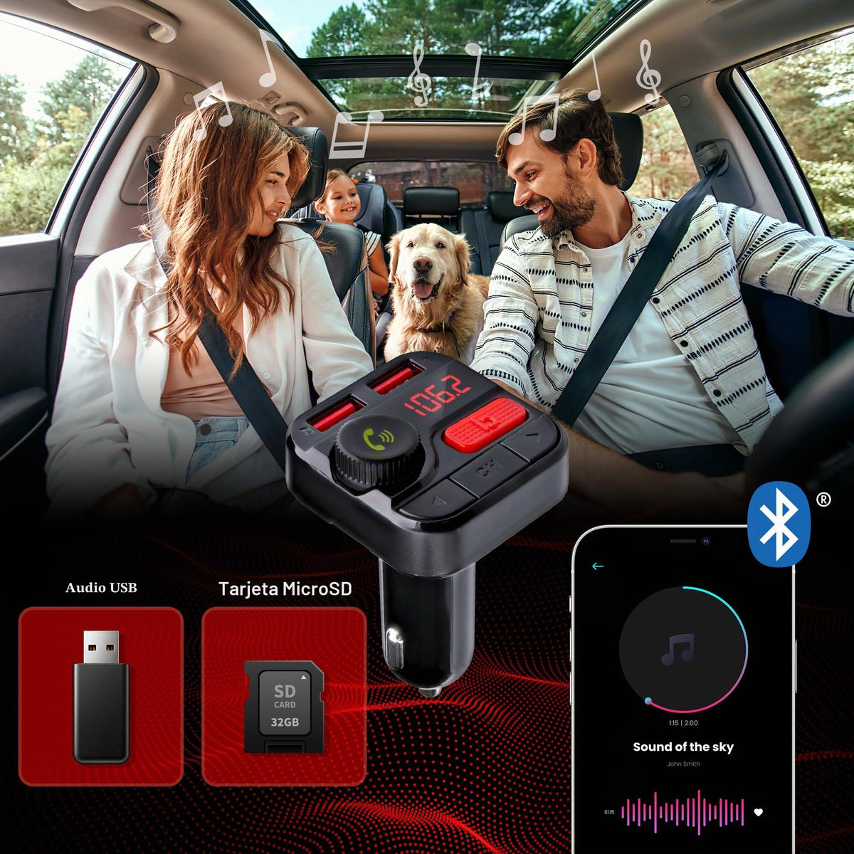 Transmisor FM Bluetooth Monster Negro con Tarjeta SD y Micrófono para Coche