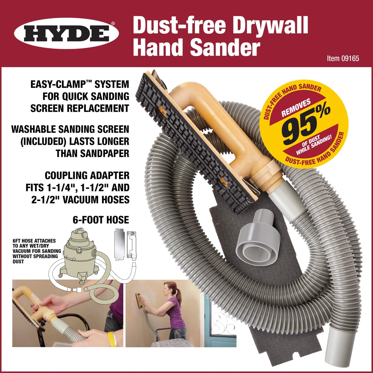Hyde Tools 09165 - Lijadora manual libre de polvo para aspiradora, uso para panel de yeso con manguera de 183.00 cm