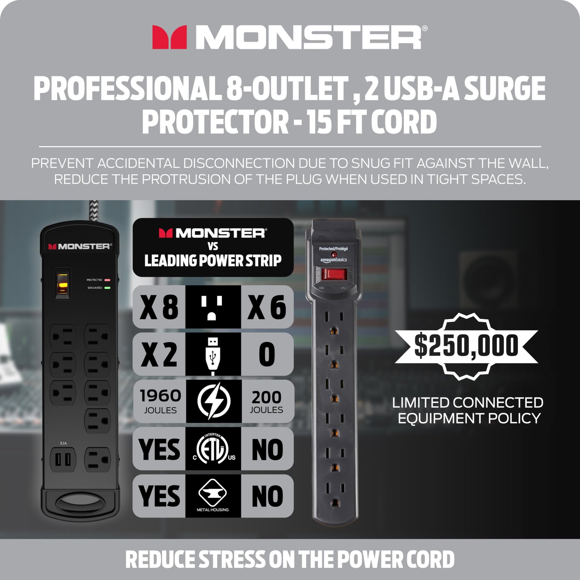Tira de Alimentación Monster Pro MI Negra con Protección contra Sobretensiones Ignífuga para Equipos de Audio Profesional