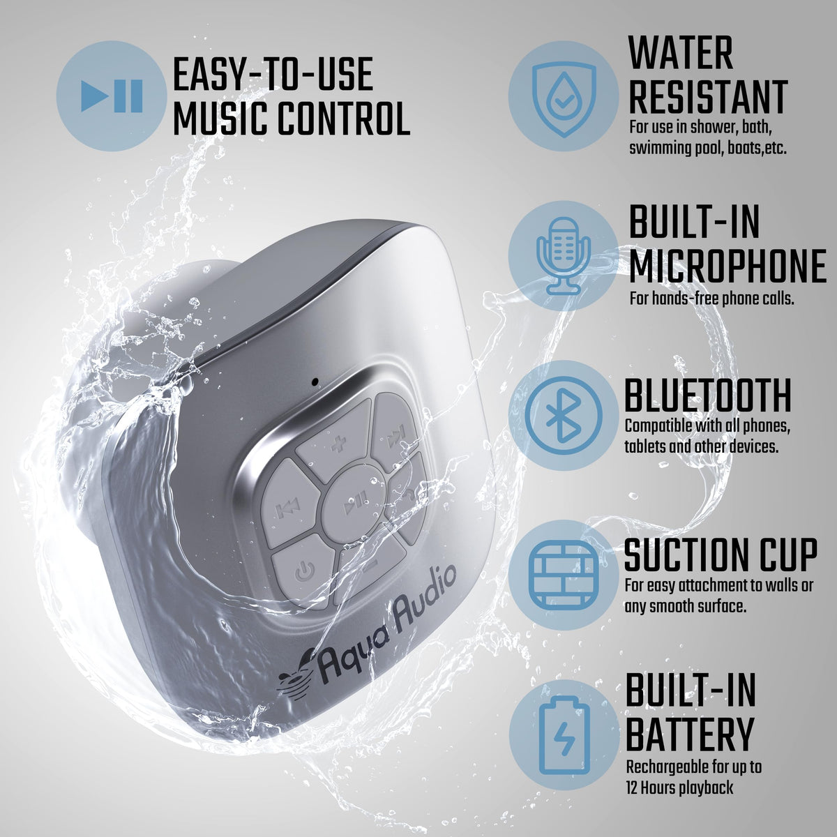 Altavoz Bluetooth Impermeable Gideon AquaAudio Azul con Ventosa y Micrófono Incorporado