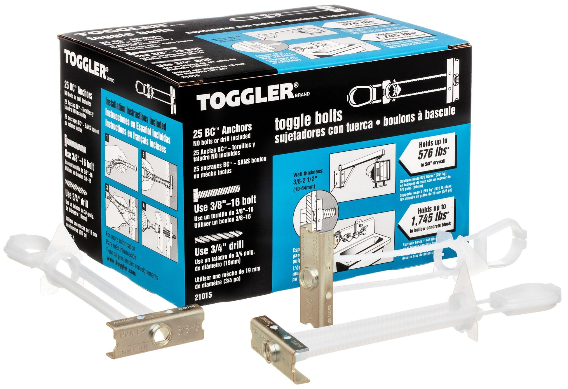 toggler Snaptoggle BC Toggle ancla, acero galvanizado, Canal, fabricado en EE. UU, 3/20.3 cm a 2 – 1/2" Rango de agarre, para 3/20.3 cm -16 UNC tamaño de cierre (paquete de 25)