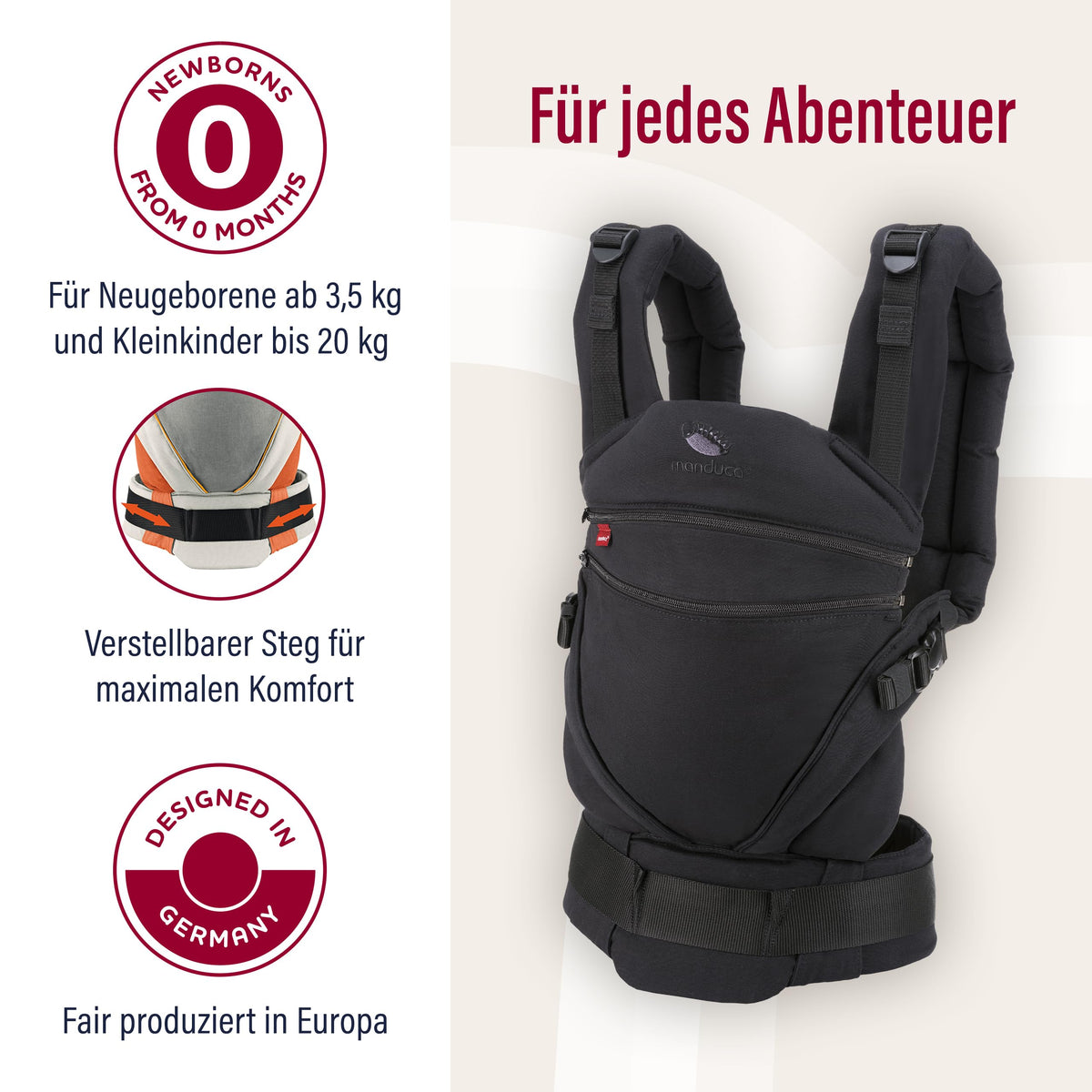 Manduca XT, portabebés con asiento ajustable, 3 posiciones de transporte (delantero, cadera y espalda), algodón orgánico, crece con tu bebé (3,5-20 kg), Monochrome Obsidian, XT Cotton