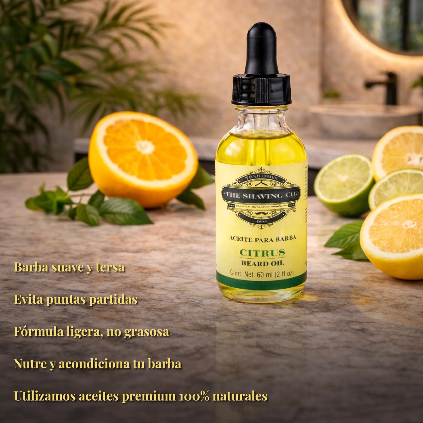 THE SHAVING CO. Aceite para Barba Citrus 60ml/2oz. Nutre, Humecta e Hidrata tu Barba desde la raíz. Hecho especialmente a mano con ingredientes Premium 100% naturales, No contiene alcohol. Libre de Sulfatos y Libre de Parabenos. CITRUS BEARD OIL.