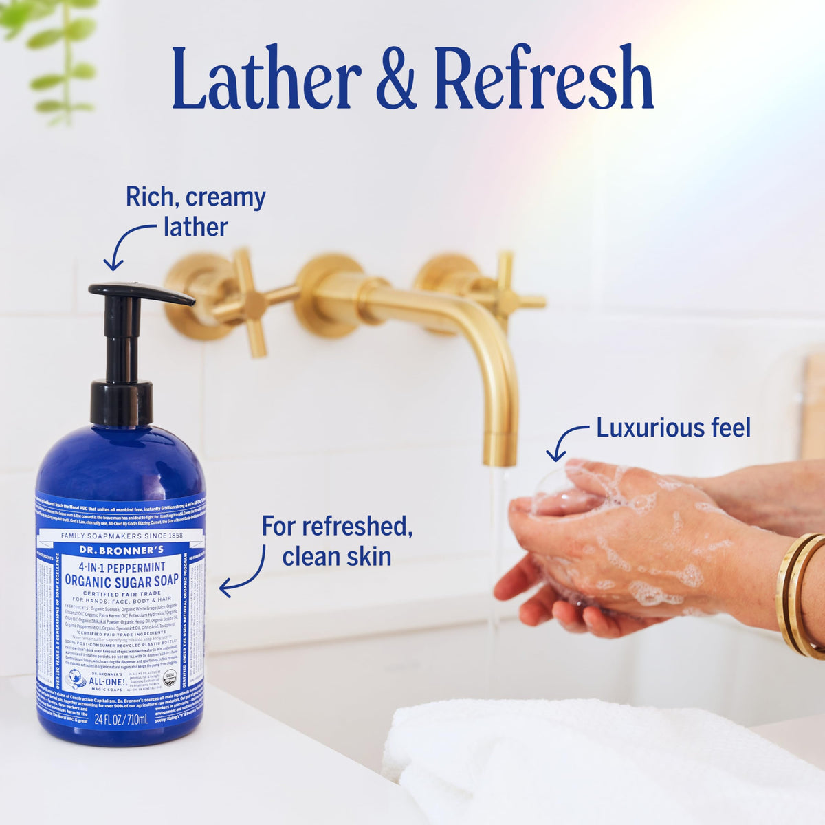 Dr. Bronner's | Jabón líquido de azúcar orgánico, elaborado con aceites vegetales, Shikakai y azúcar, usos 4 en 1: manos, cuerpo, rostro y cabello; limpia, hidrata y nutre - Menta, 1.9 L