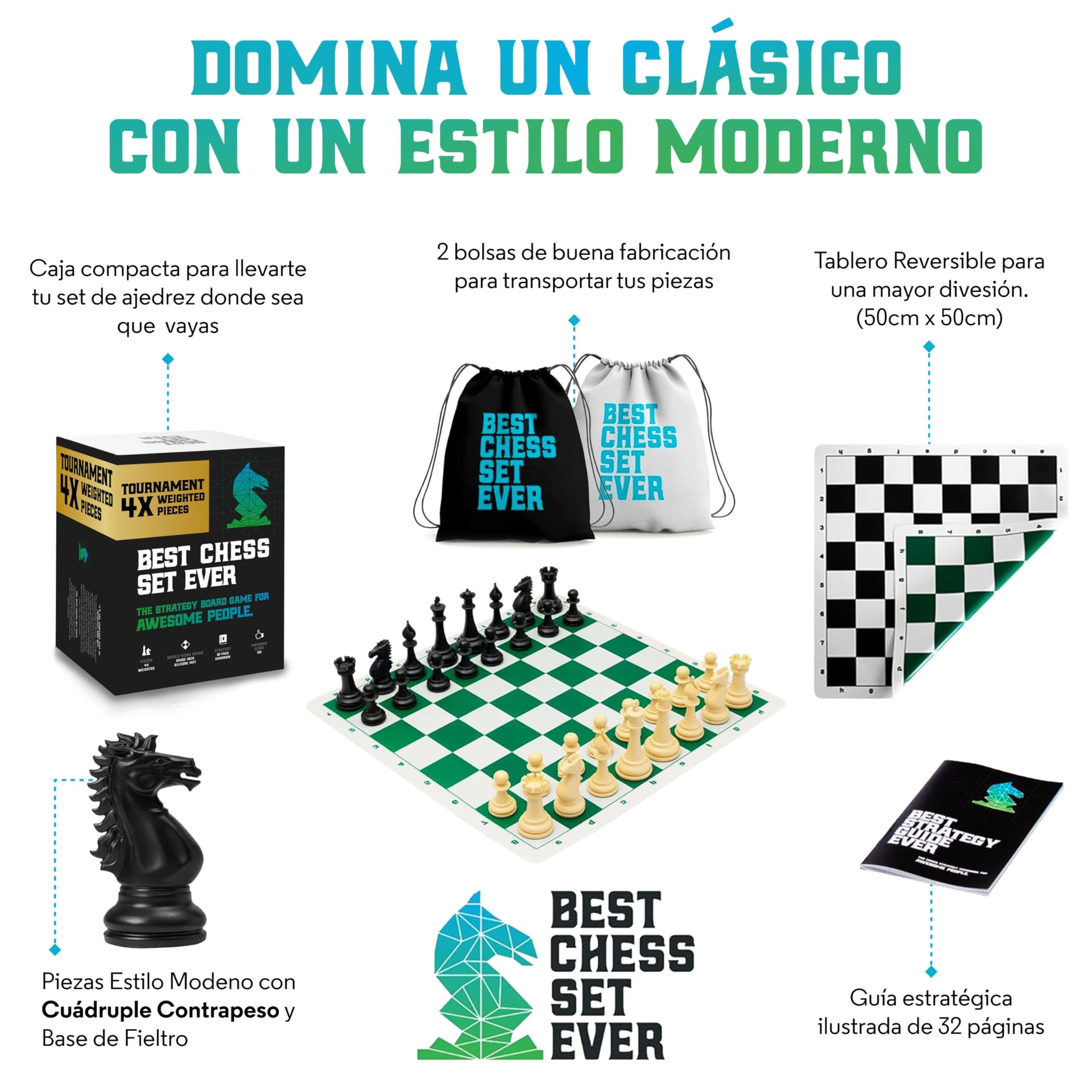 Best Chess Set Ever 4X Juego de Ajedrez Profesional Cuádruple Peso (Rey de 11,4 cm), Tablero Silicon Reversible 50x50 cm, Piezas Modernas Staunton Ponderadas, Ajedrez de Torneo para Adultos y Niños
