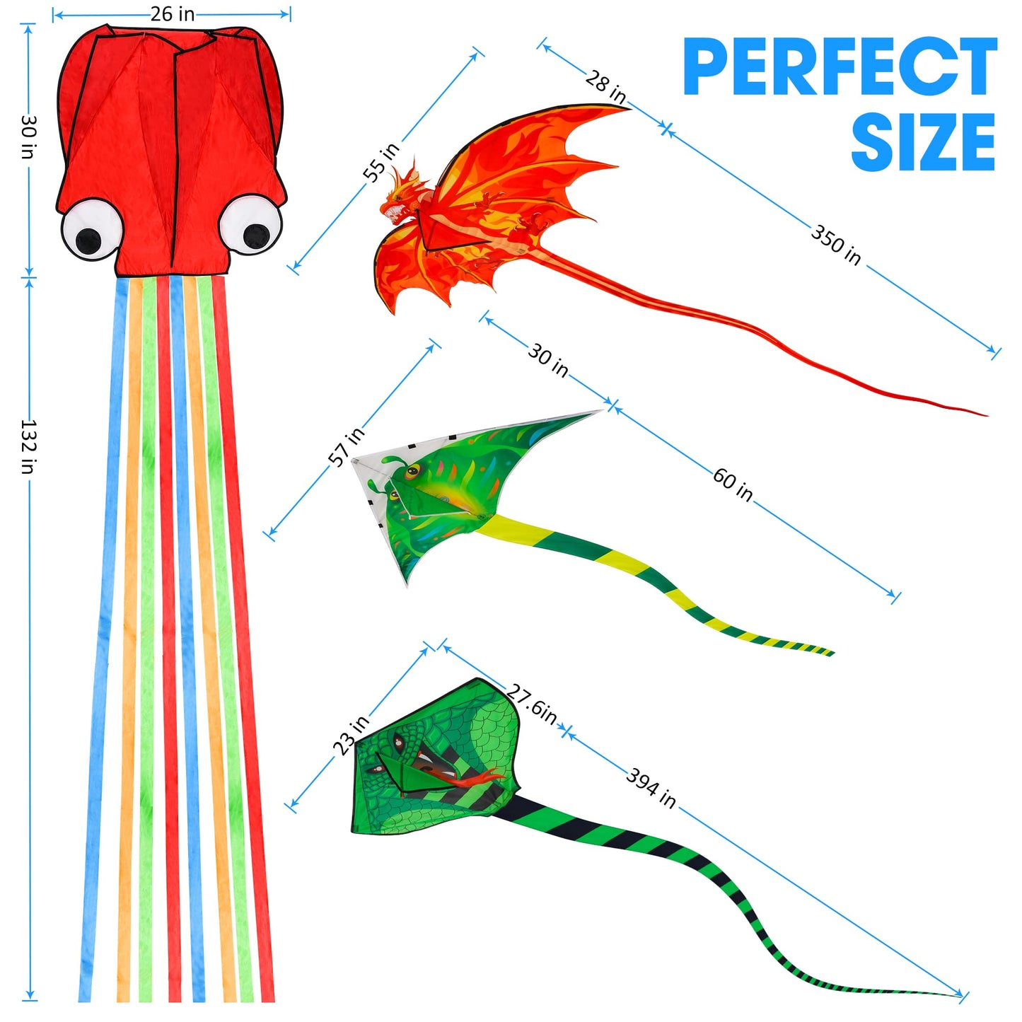 Crogift- Paquete de 4 Cometas: Cometa de dragón de Fuego Grande, Cometa de Serpiente Verde, Cometa de pez Diablo, molusco Rojo, Pulpo con LON