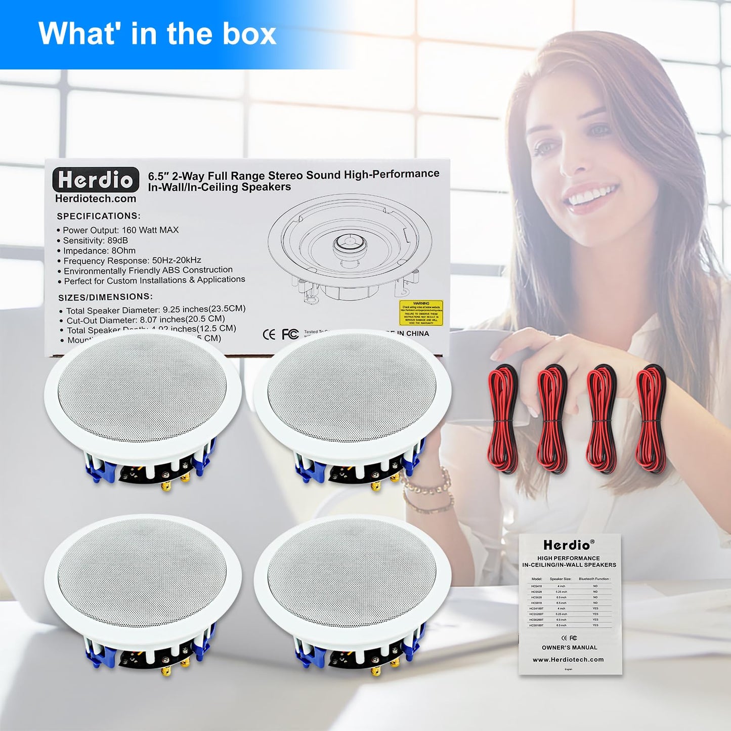 Herdio - Altavoces de techo de 6.5 pulgadas, 640 W, montaje empotrado de 2 vías, pasivos para oficina, cocina, sala de estar, baño (4 altavoces)