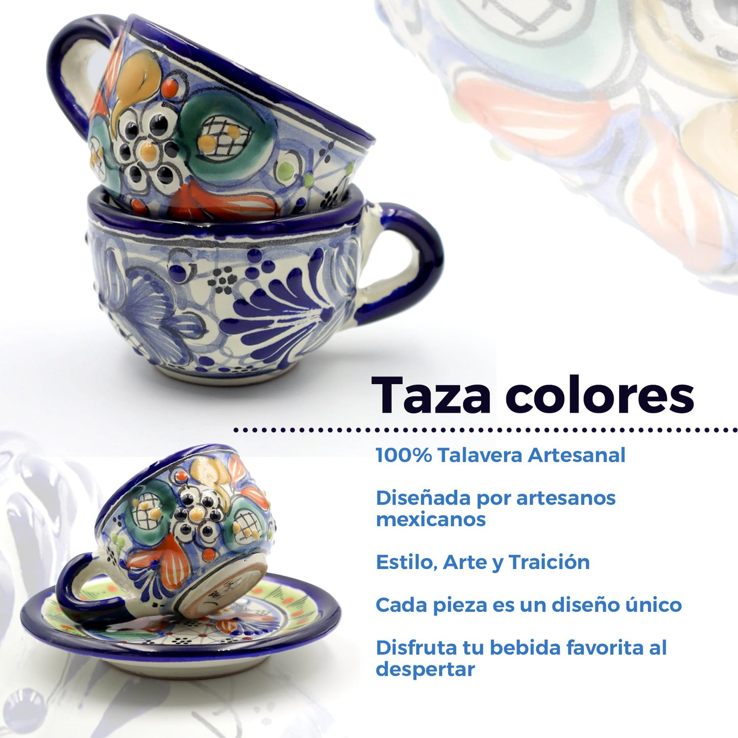 Juego de Tazas de Café Nubexpo Talavera Poblana Artesanía Mexicana Vajilla de 2 Piezas