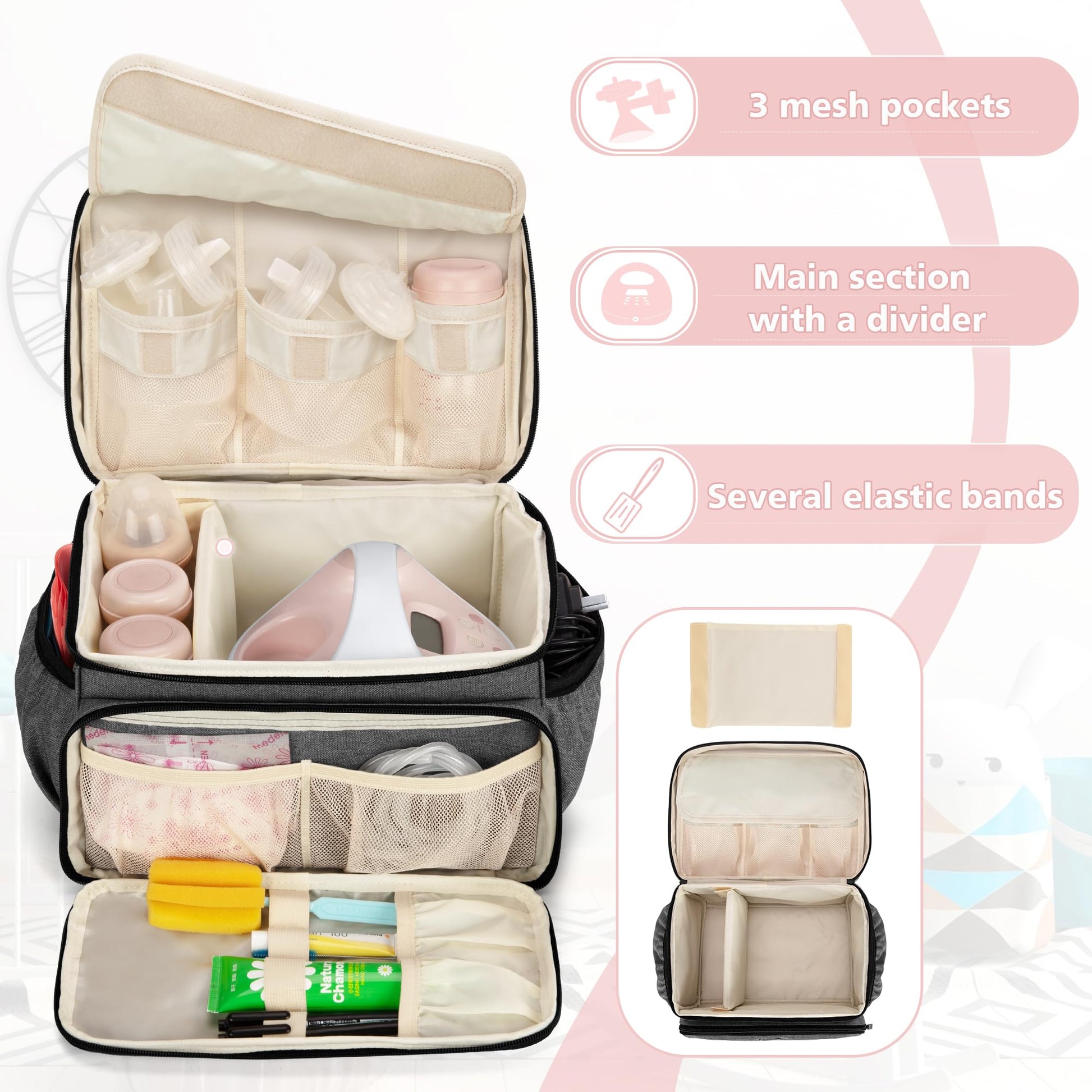 Luxja - Bolsa para extractor de leche compatible con Spectra S1 y S2, bolsa de bombeo para extractor de leche y piezas adicionales (adecuada para uso doméstico o de viaje), gris (pendiente de patente)