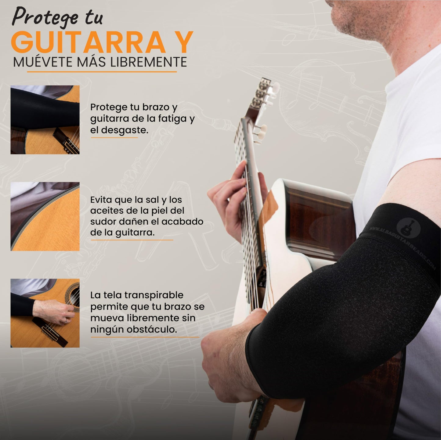 Alba Guitar Beads - Manga corta gris para guitarristas, para guitarristas clásicas, flamencos, guitarristas eléctricos, talla pequeña/mediana, gris, talla �nica