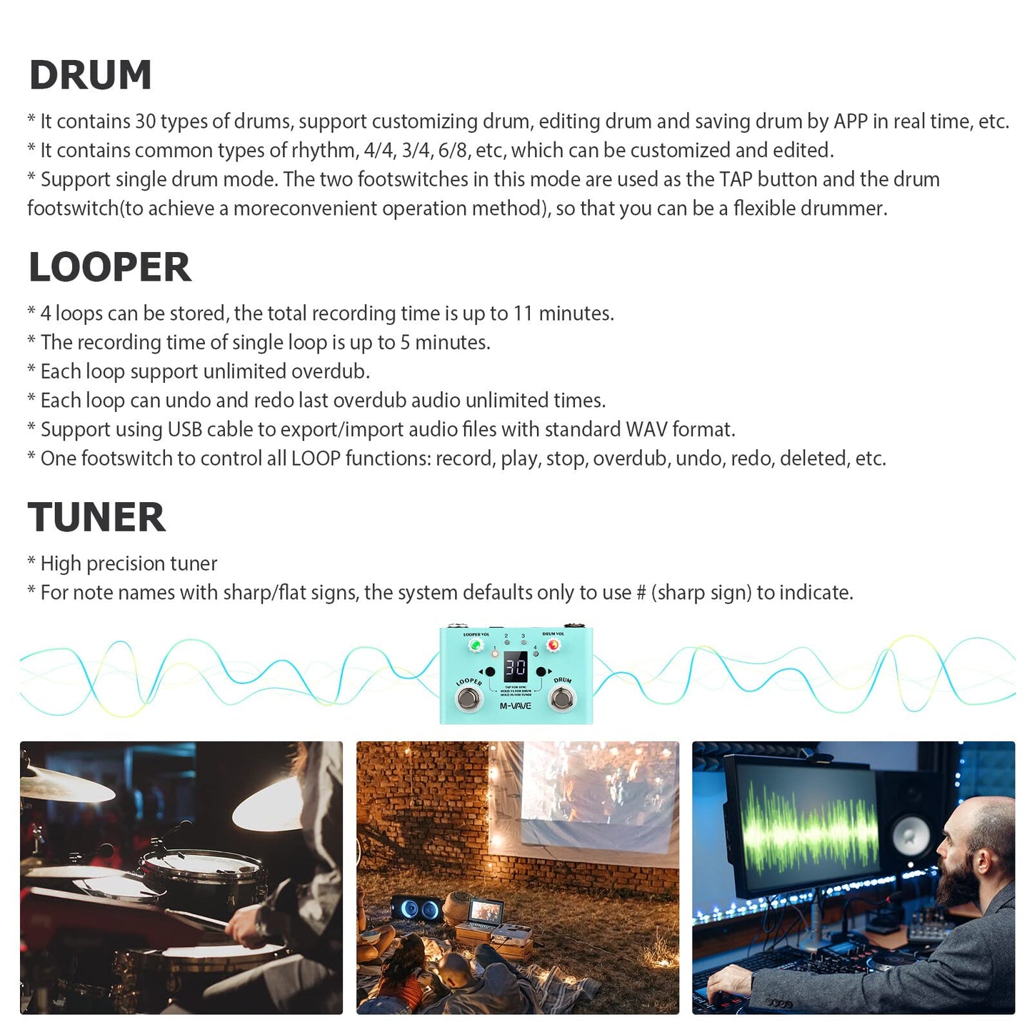 LOST TEMPO Pedal de efectos Drum & Looper Effector Mini 2-in-1 Looper & Drum Machine Footswitch Looper Pedal Looper Pedal de guitarra 30 tambores y 4 bucles Sintonizador de alta precisión