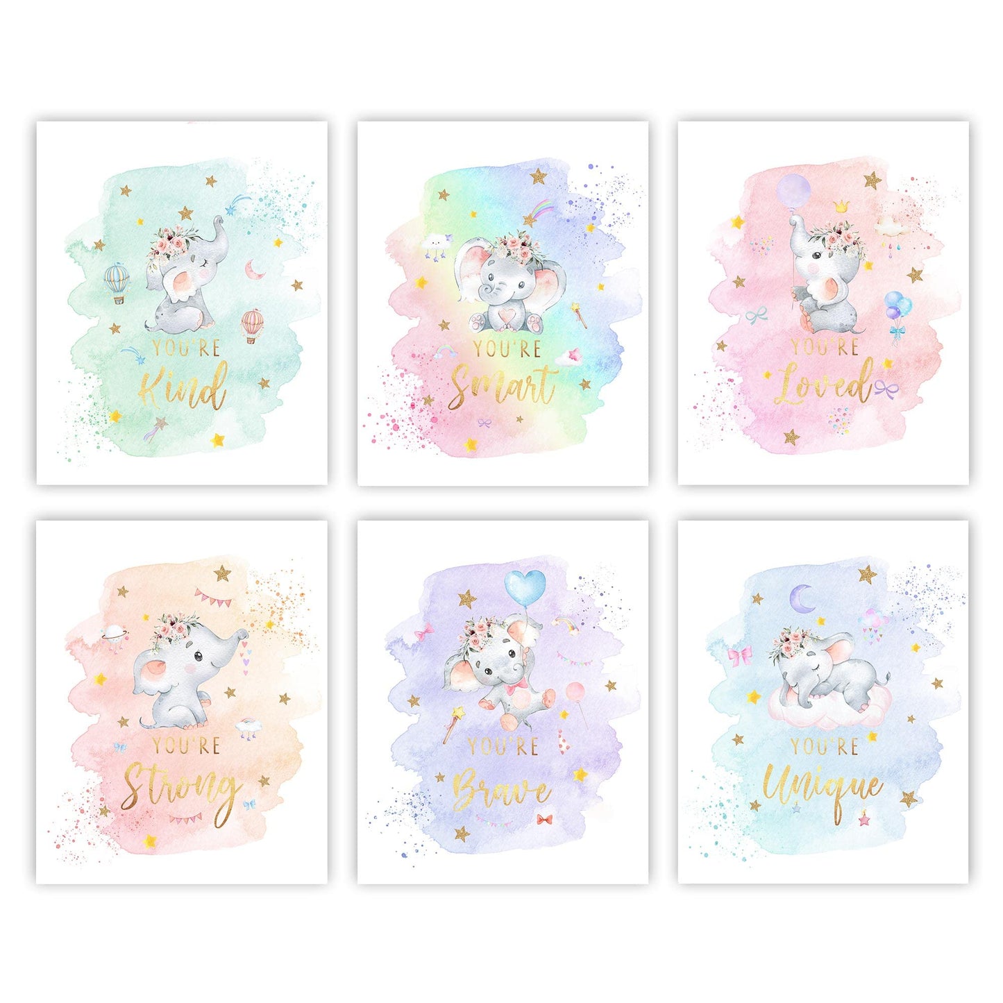 Canssape - Juego de 6 decoraciones de pared para guardería, diseño de elefante de 8 x 10 pulgadas, impresiones artísticas de pared de estrella, You Are Loved, (sin marco)