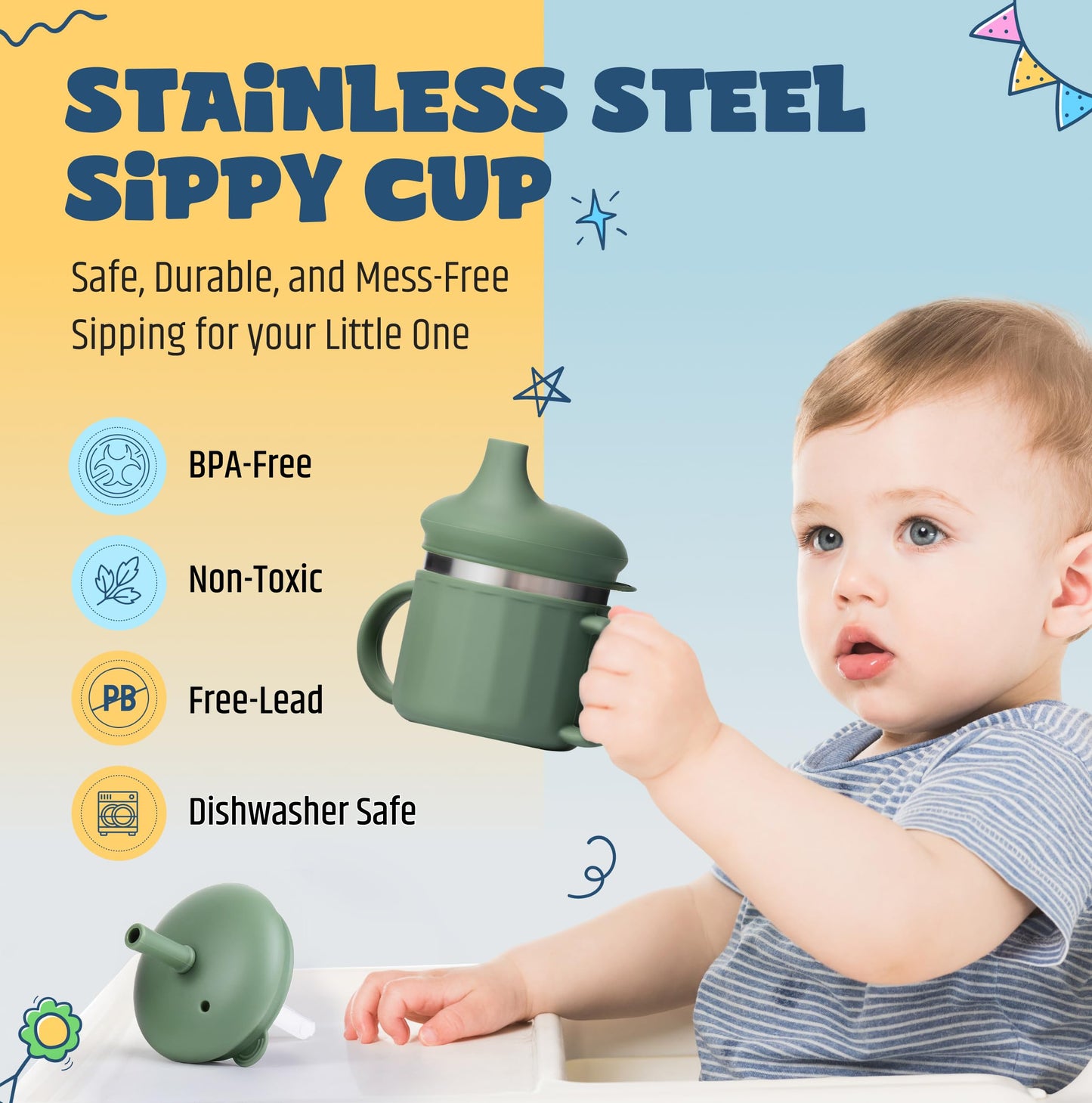 Jumble Dream Vaso para sorber de acero inoxidable, vaso para niños de acero inoxidable con pajita para entrenamiento de silicona, vaso para niños pequeños con pajita a prueba de derrames | Vaso para s