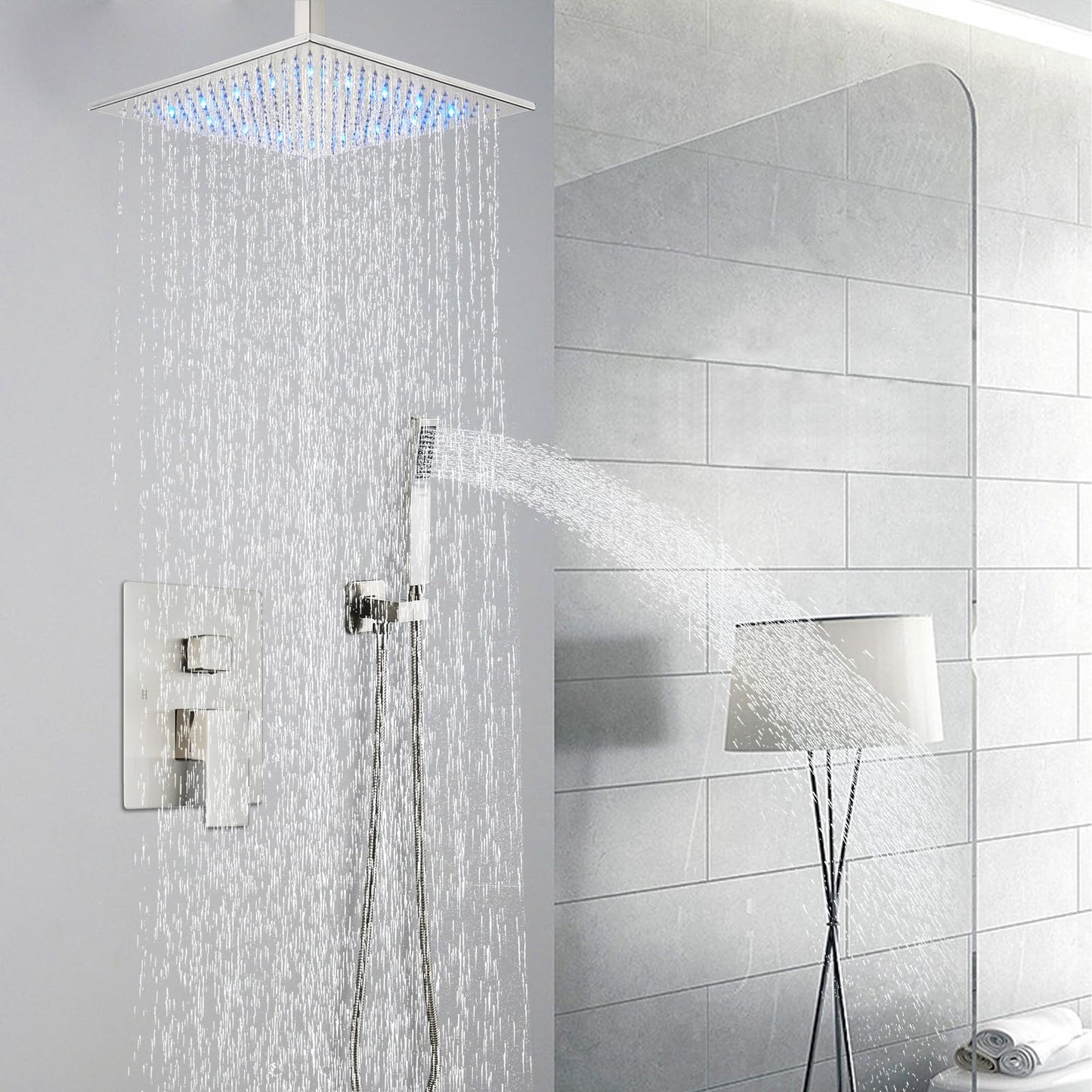 Sistema de Ducha LED de 12 Pulgadas SUS304 Níquel con Válvula y Spray de Mano cuadrado