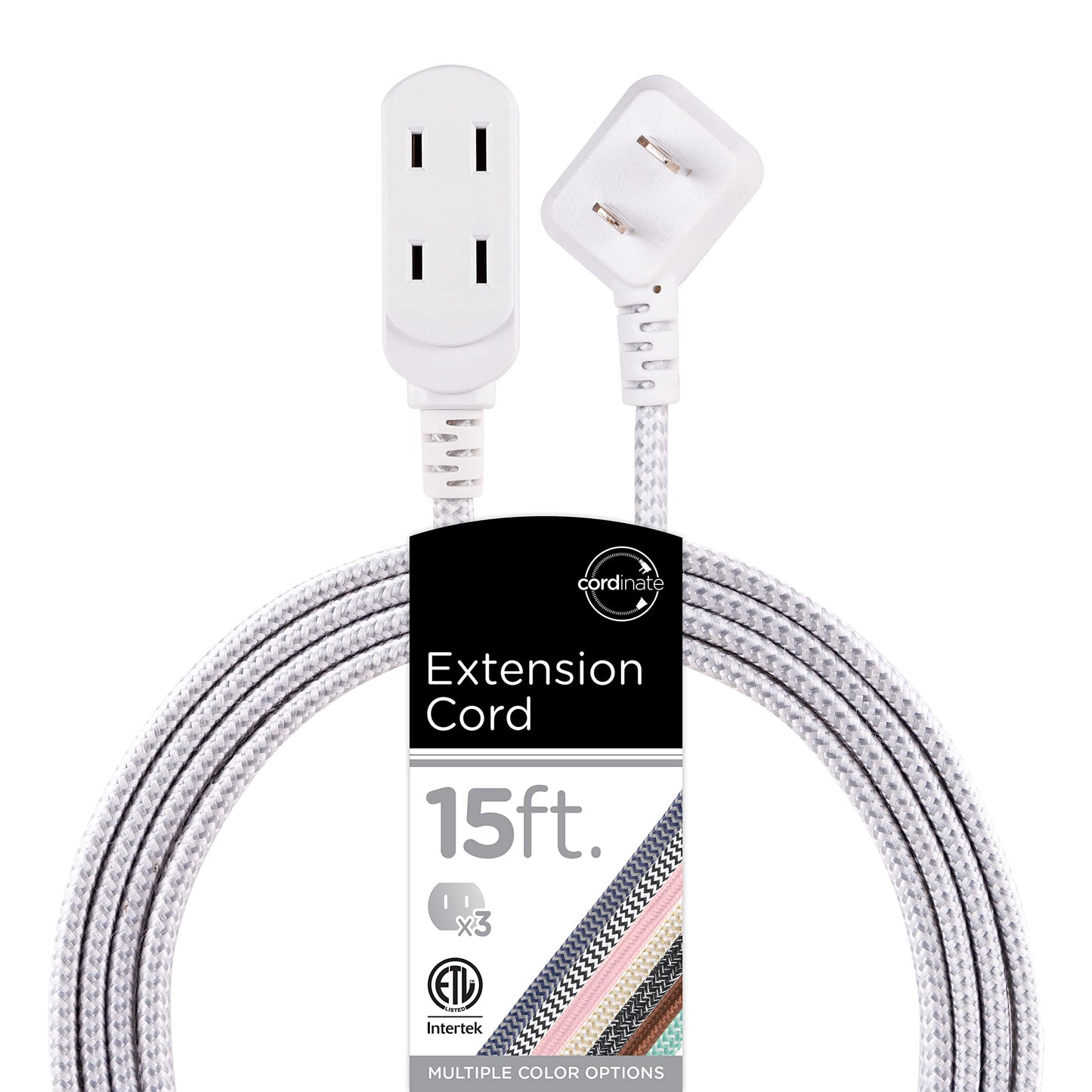 Cordinate Designer, Extension Electrica de 3 salidas polarizadas, Cable Trenzado de 4.5 m (15 pies), Sistema de Seguridad para Trabar, Enchufe Plano, Certificacion ETL, Blanco/Gris 1 paquete 43431-T1
