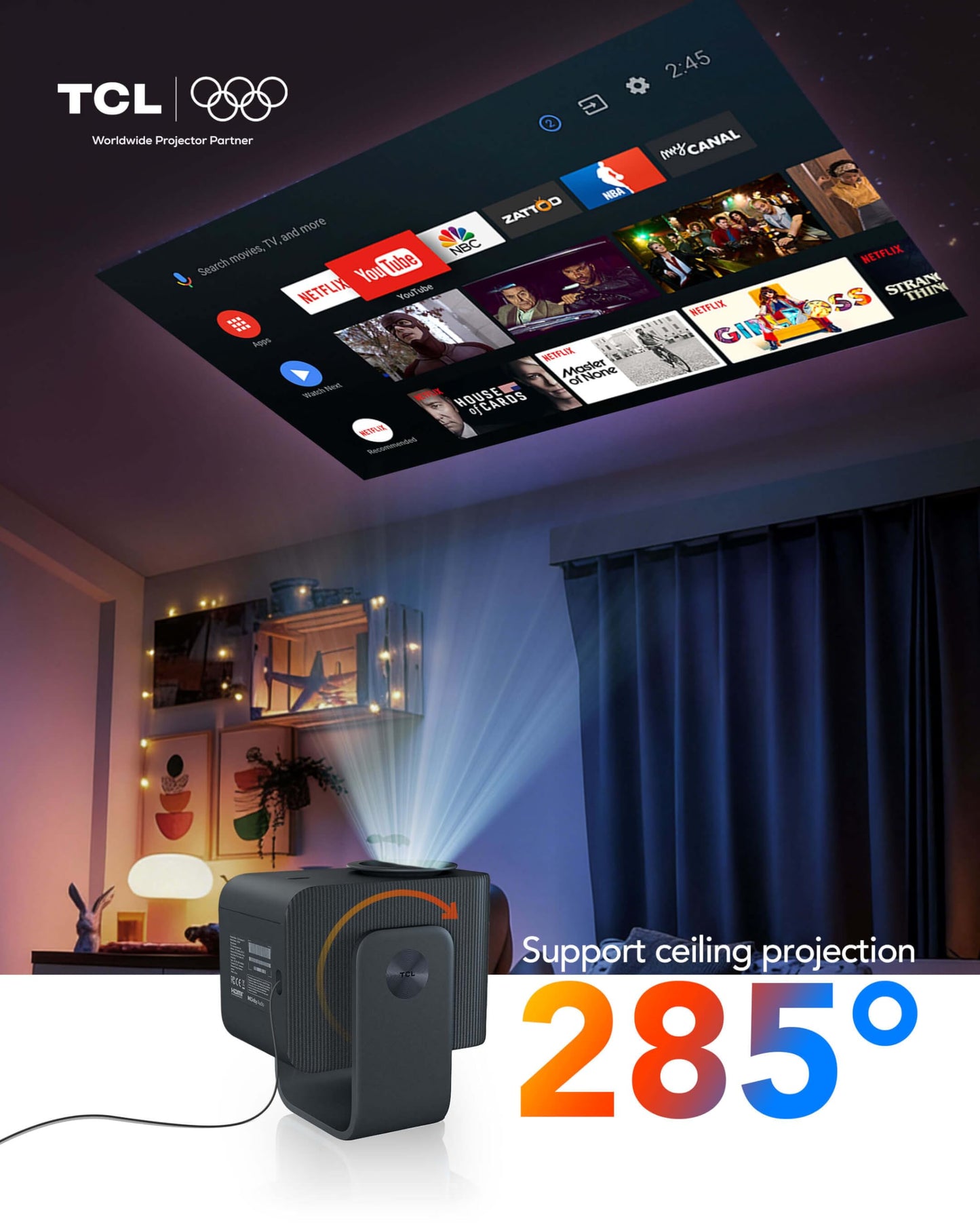TCL C1 Proyector inteligente 4K, compatible con Google TV, WiFi y Bluetooth, enfoque automático/Keystone, 1080P HDR10, Dolby Audio, mini proyector LCD de rotación de 285° para recámara/cine en casa/al