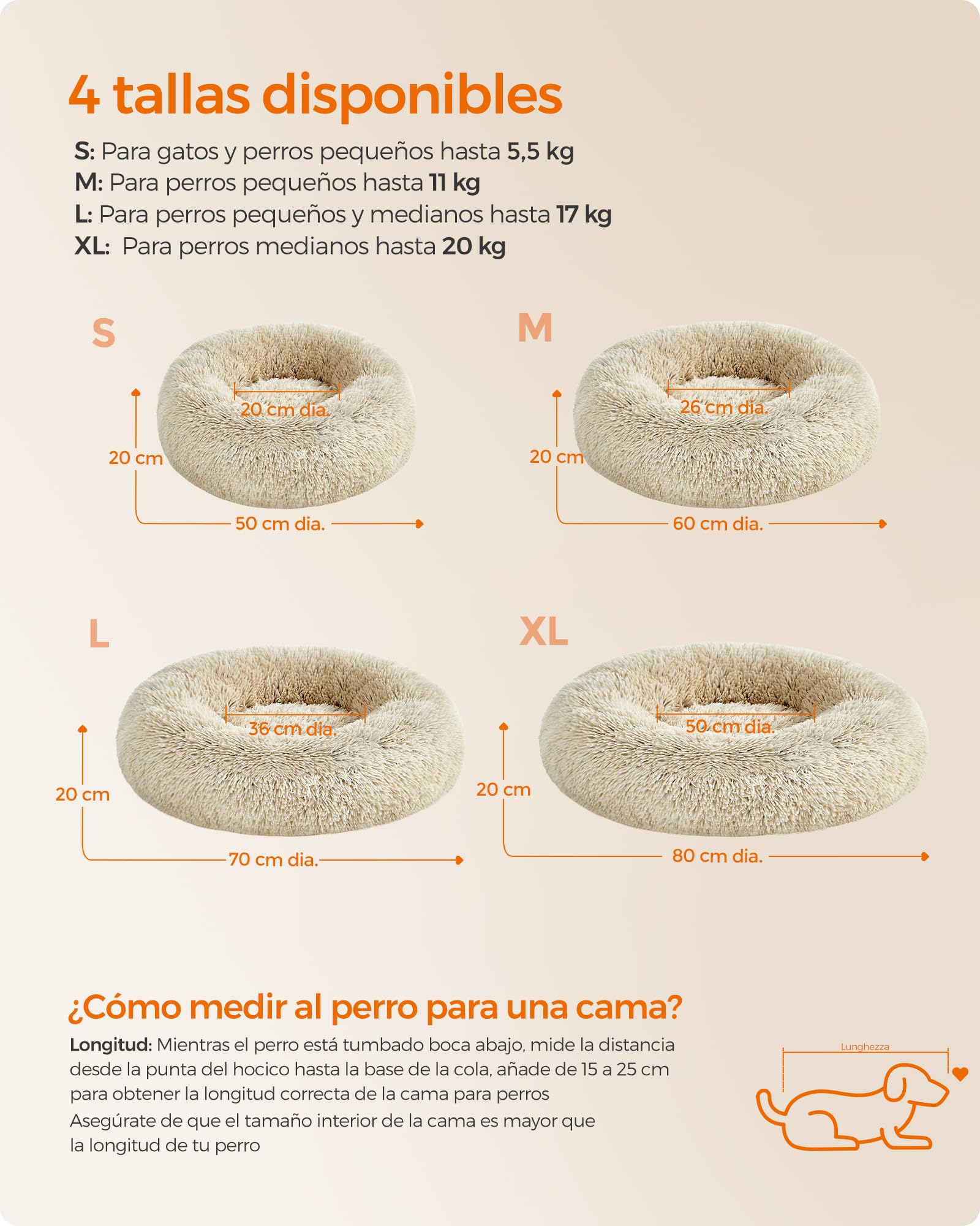 Feandrea Cama de Perros, Cama para Mascotas, Diámetro de 50 cm, Cojín Central Extraíble y Lavable, Alfombra de Felpa, Caqui Ombré MPGW037S01