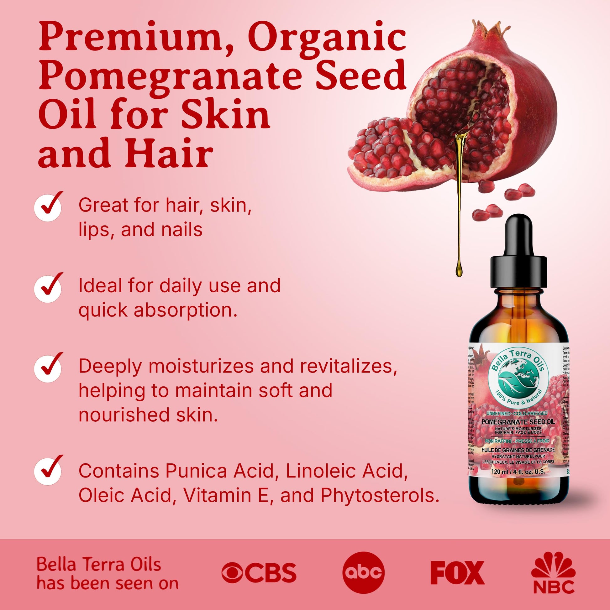 Pomegranate Seed Oil 8 oz 100% Pure Cold-pressed Unrefined Organic - Bella Terra Oils